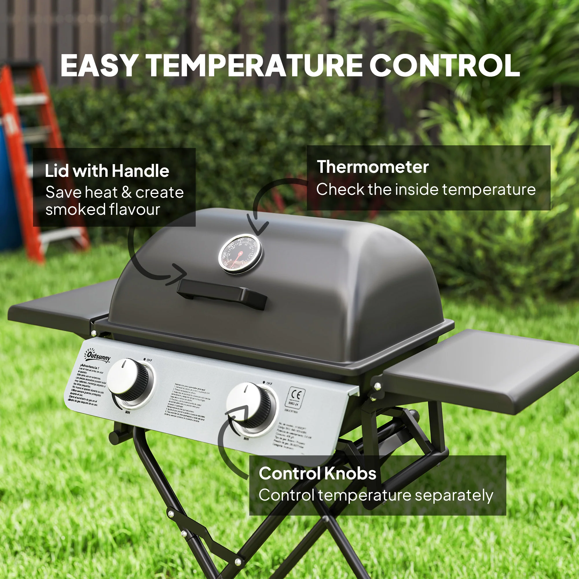 Outsunny Portable Foldable Gas Barbecue Grill with Thermometer, Lid, Black - Image 6