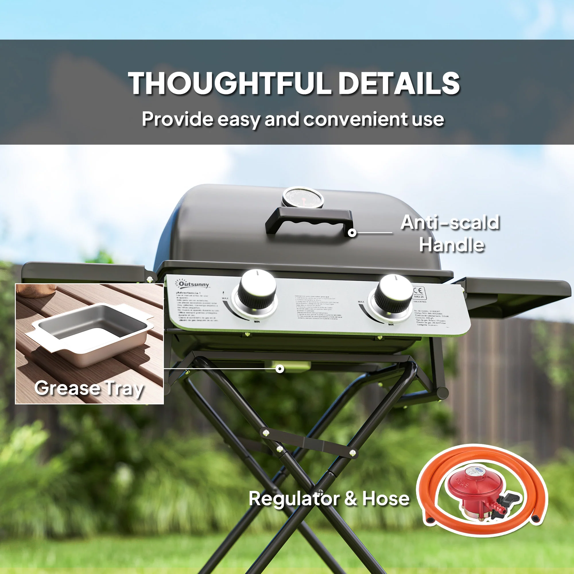 Outsunny Portable Foldable Gas Barbecue Grill with Thermometer, Lid, Black - Image 7