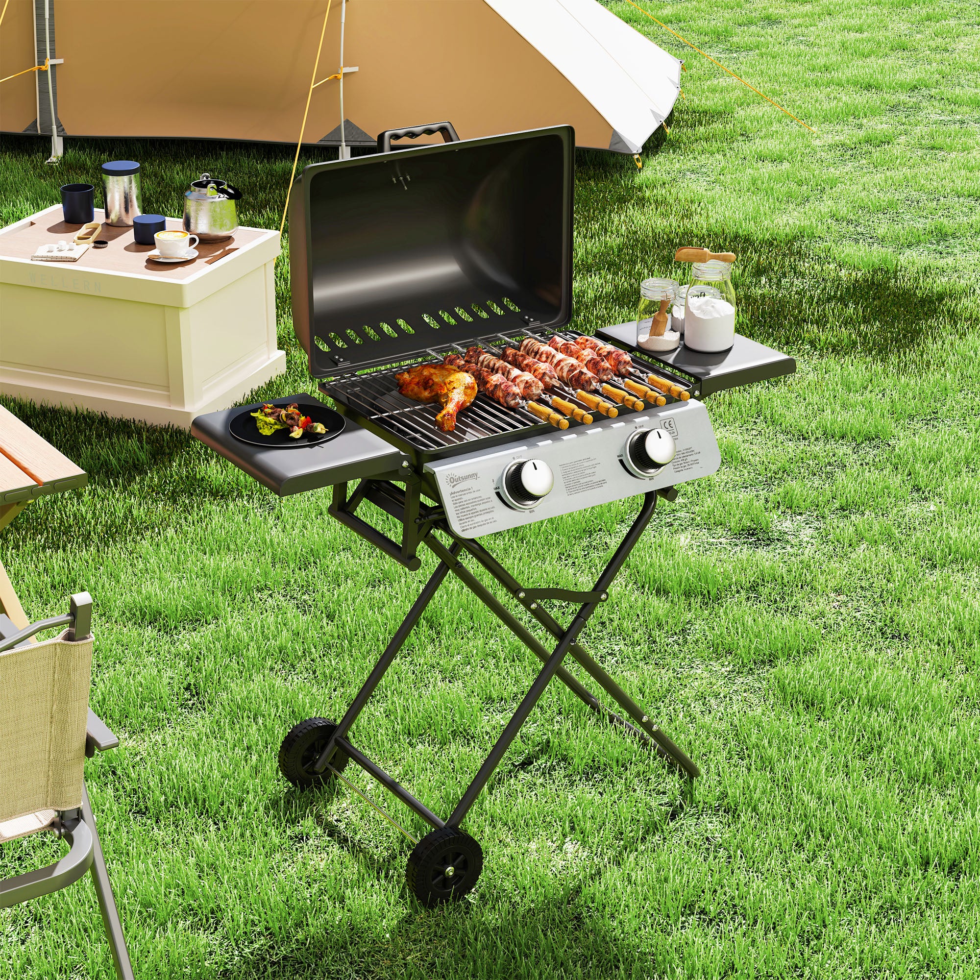 Outsunny Portable Foldable Gas Barbecue Grill with Thermometer, Lid, Black - Image 8