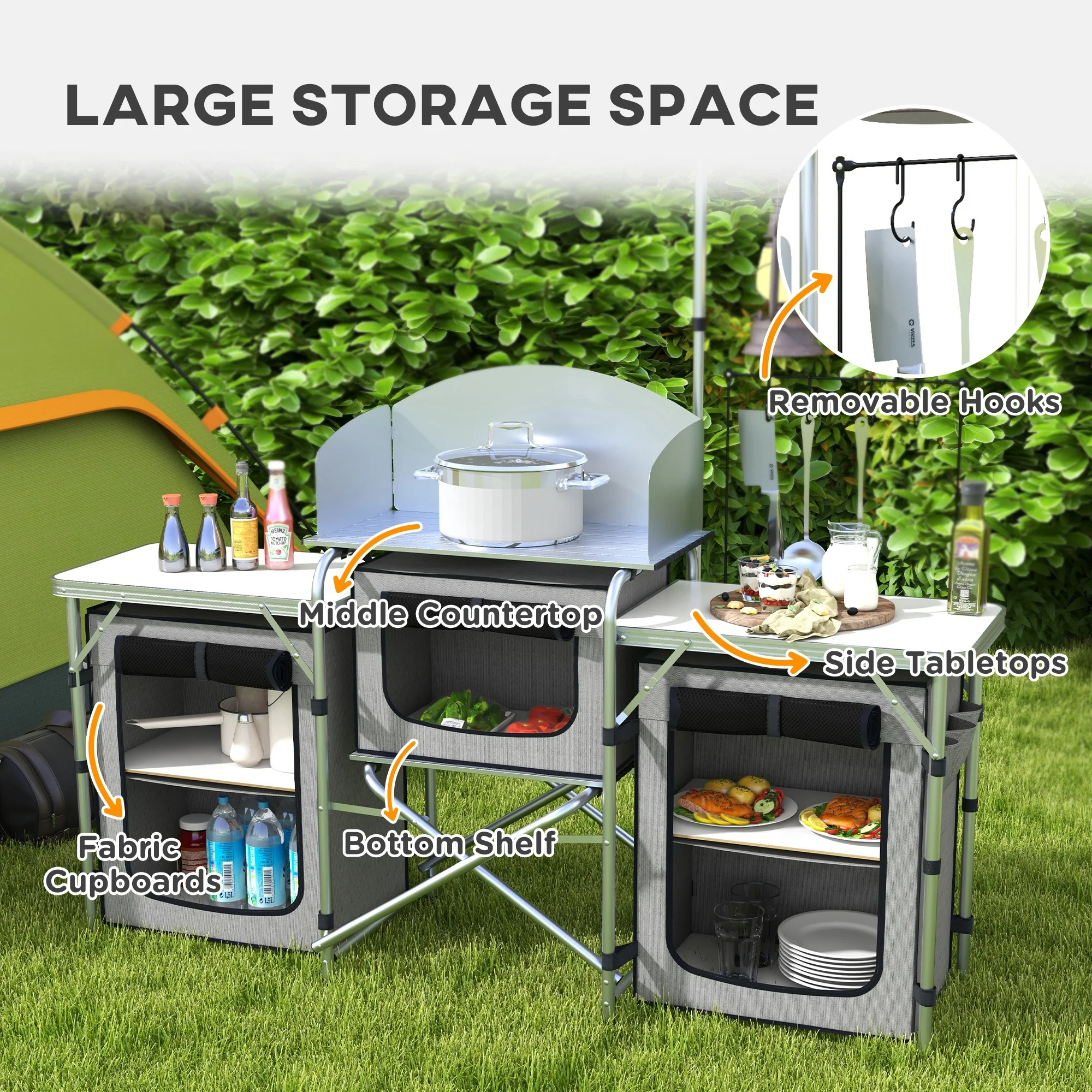 Outsunny Portable Folding Camping Kitchen with Windshield Light Stand Carry Bag - Image 3