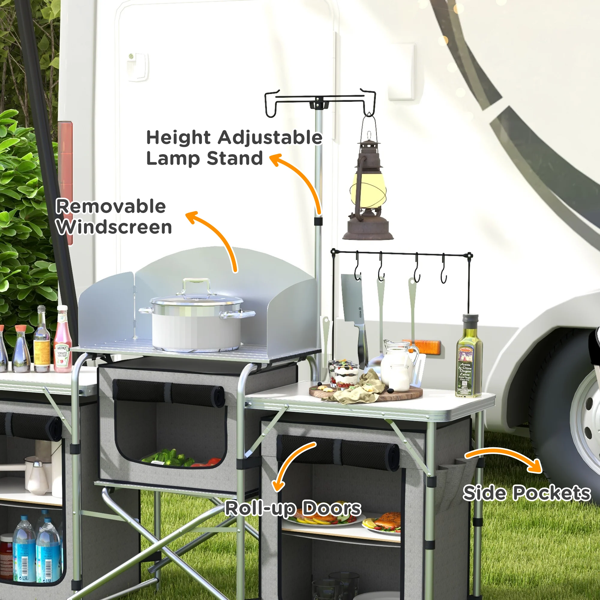Outsunny Portable Folding Camping Kitchen with Windshield Light Stand Carry Bag - Image 4