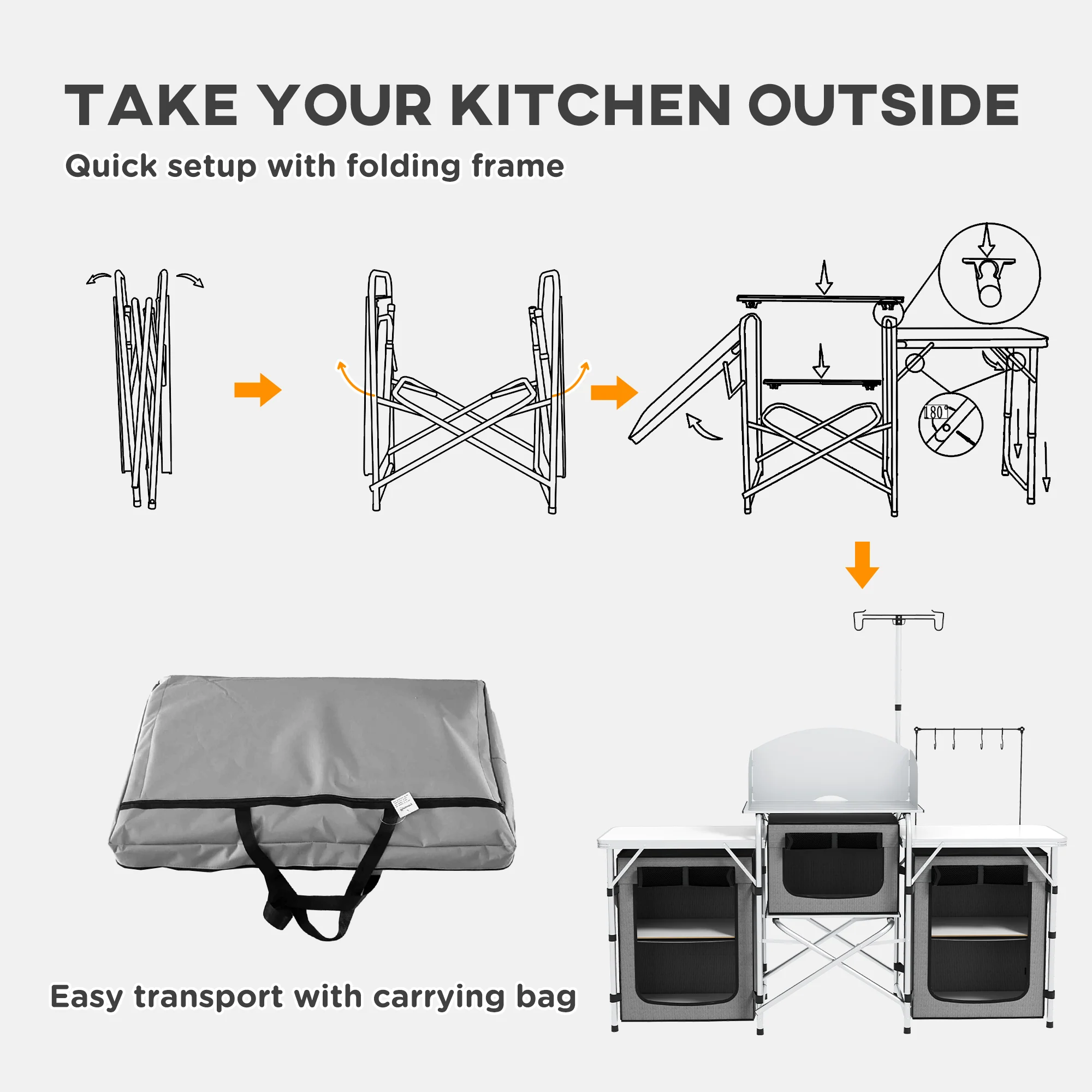 Outsunny Portable Folding Camping Kitchen with Windshield Light Stand Carry Bag - Image 6