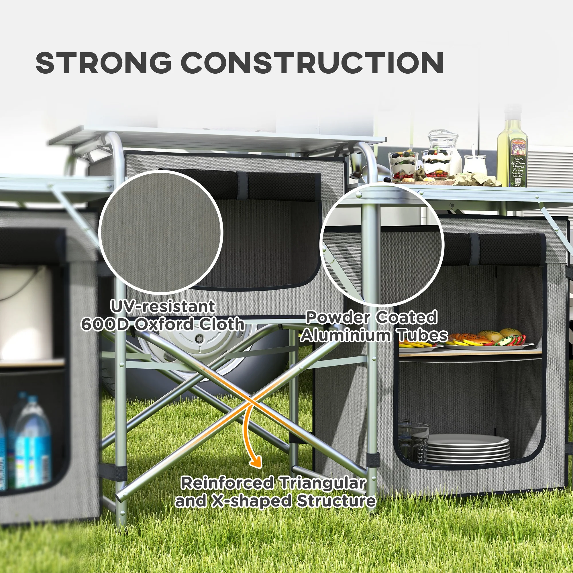 Outsunny Portable Folding Camping Kitchen with Windshield Light Stand Carry Bag - Image 7