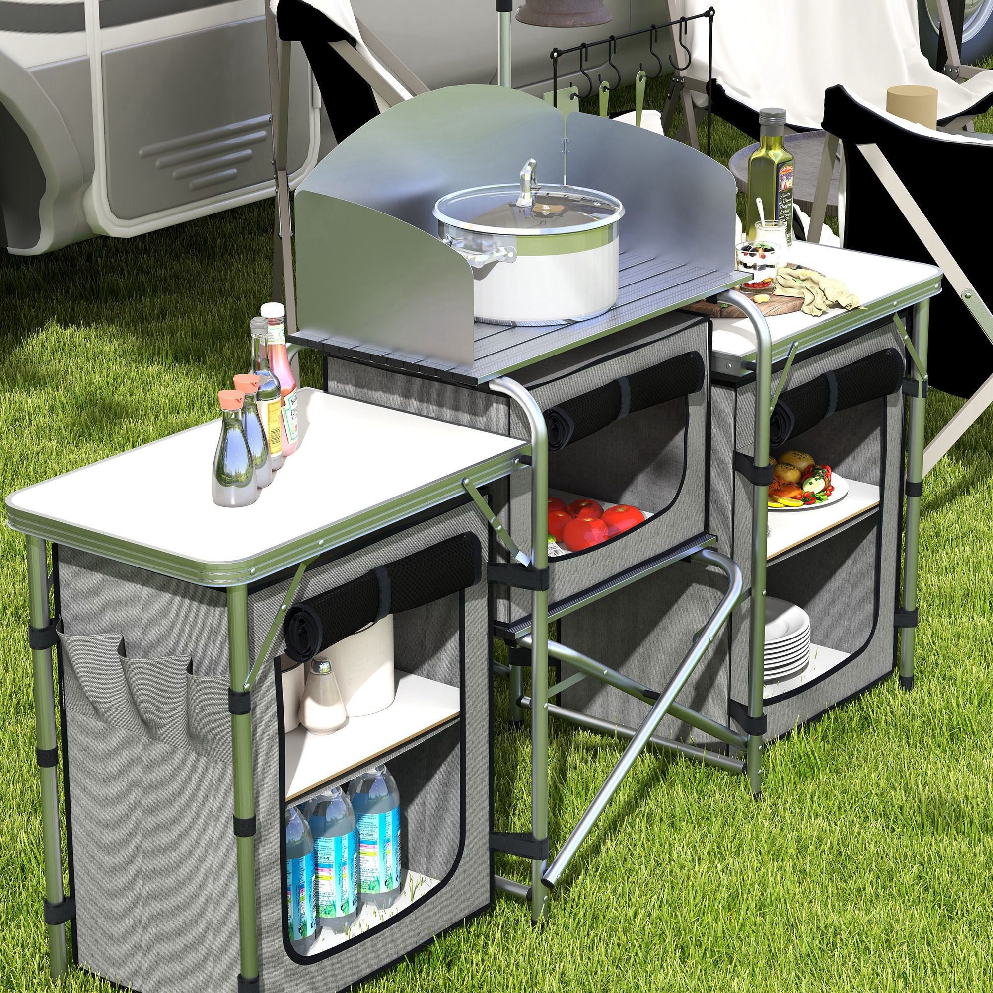 Outsunny Portable Folding Camping Kitchen with Windshield Light Stand Carry Bag - Image 8