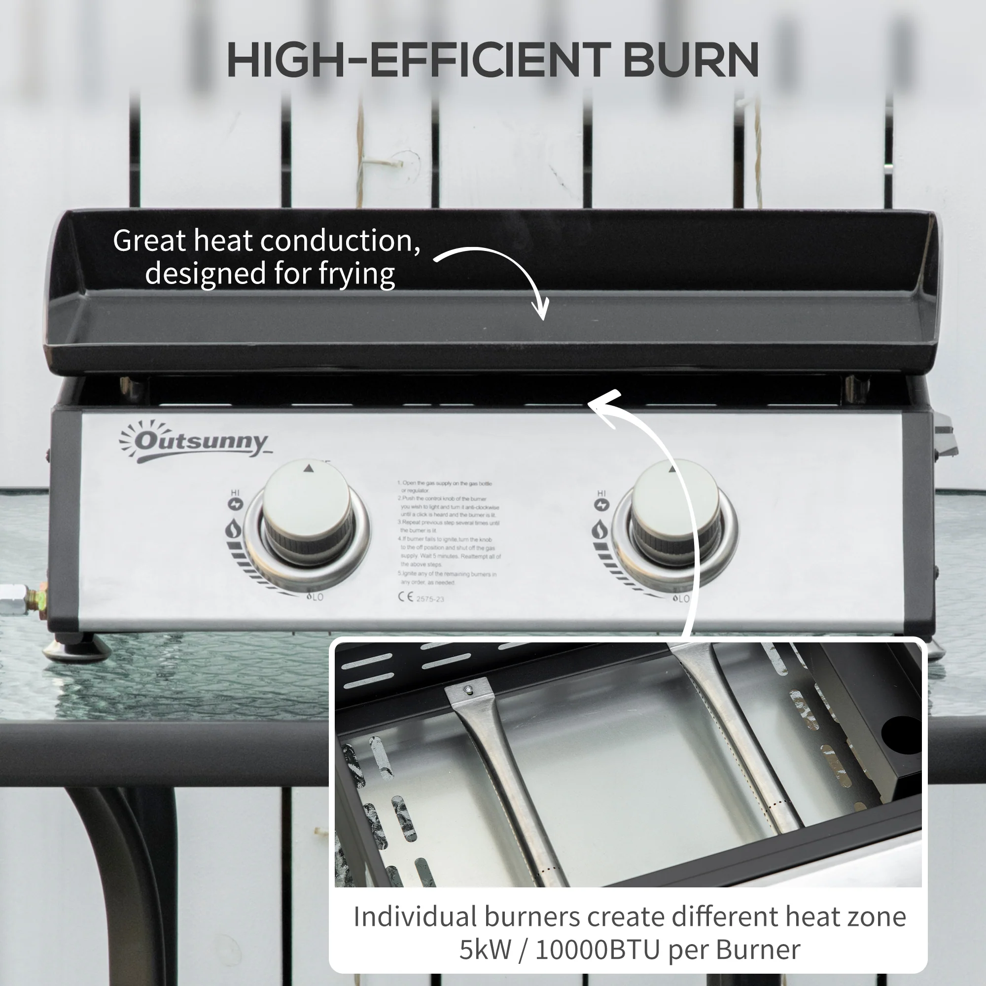 Outsunny Portable Gas Plancha BBQ Grill with 2 Stainless Steel Burner, 10kW - Image 3