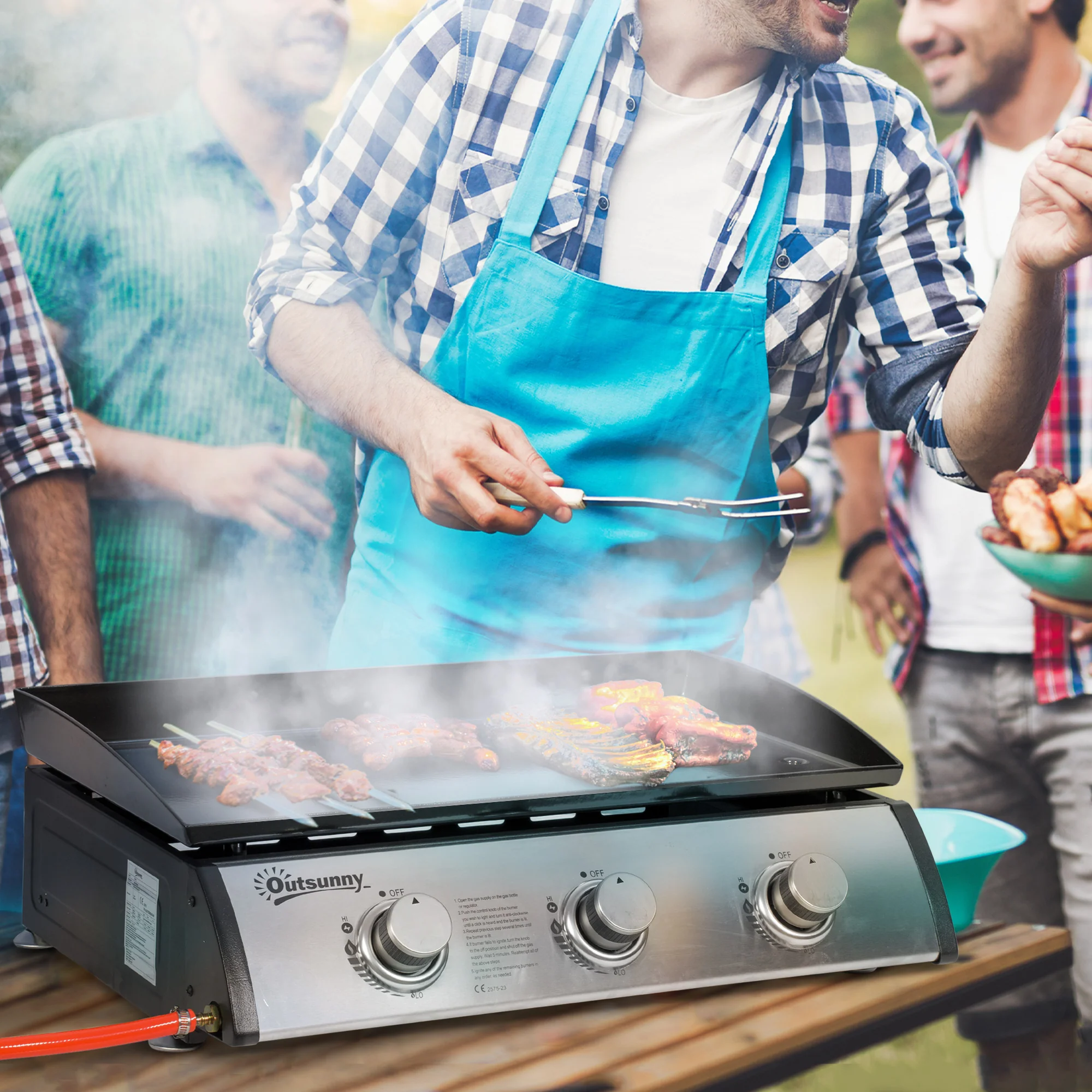 Outsunny Gas Plancha BBQ Grill with 3 Stainless Steel Burner, 9kW - Image 2