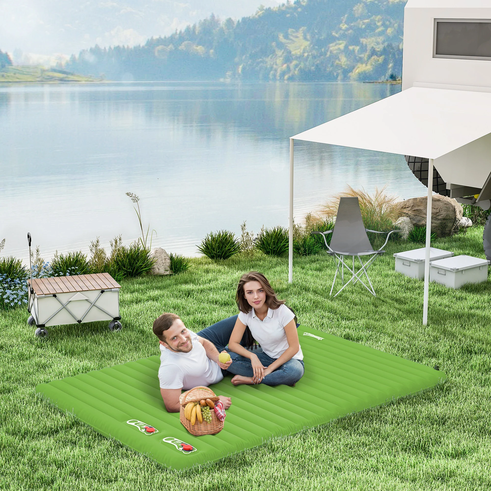Outsunny Portable Inflatable Camping Bed With Double Mattress Green - Image 2