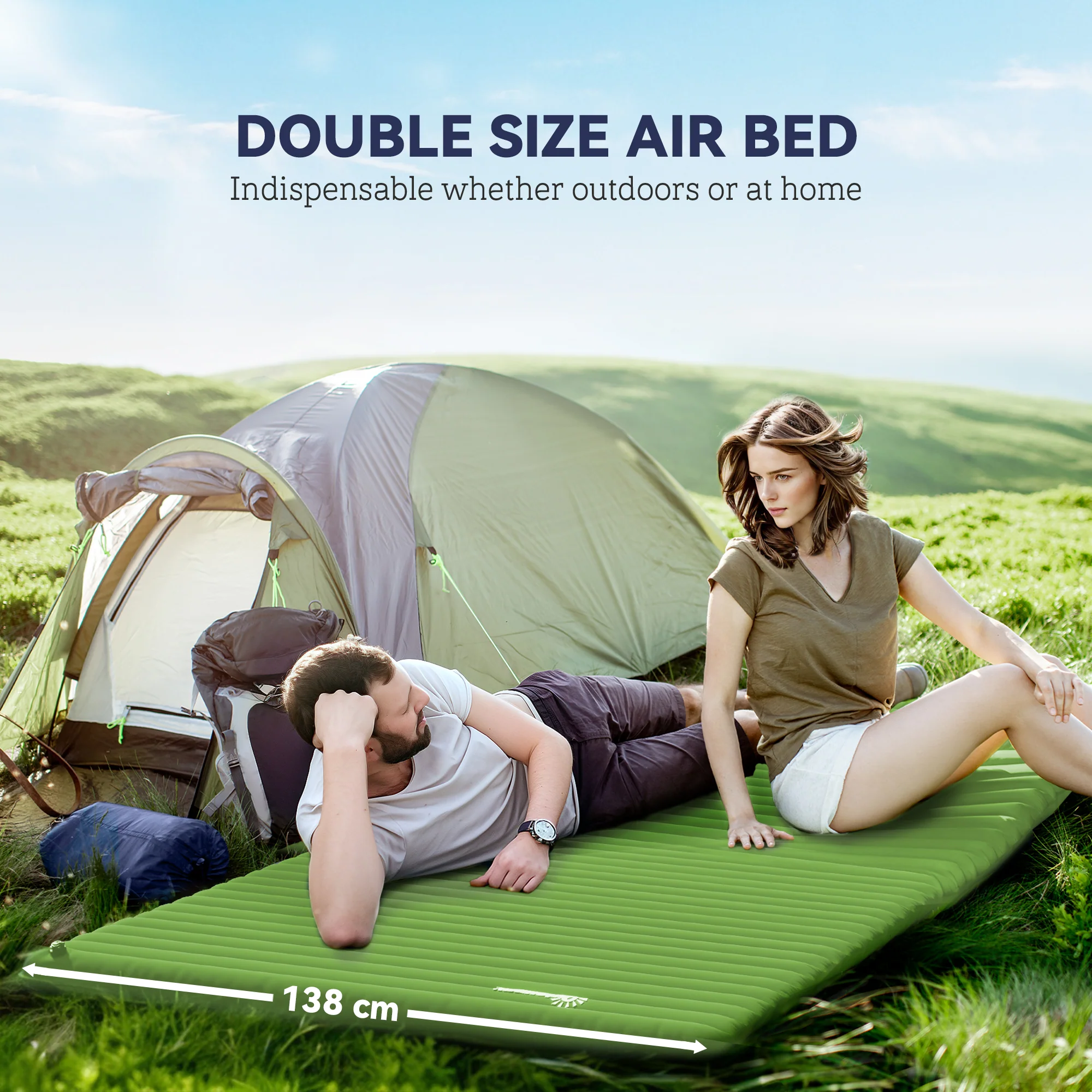 Outsunny Portable Inflatable Camping Bed With Double Mattress Green - Image 3