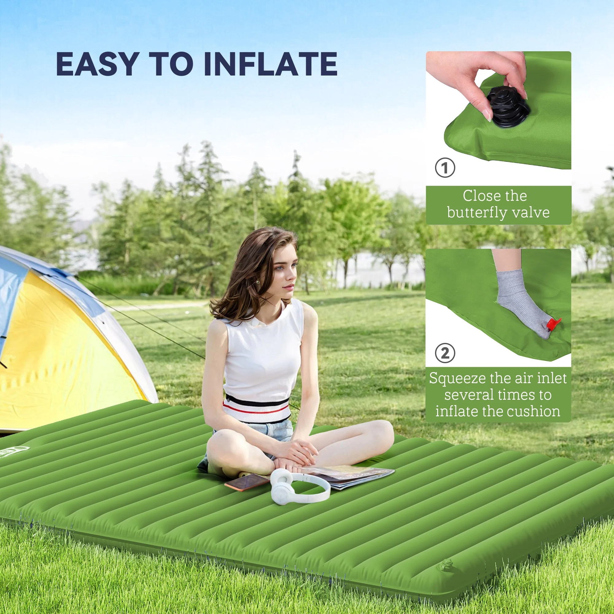 Outsunny Portable Inflatable Camping Bed With Double Mattress Green - Image 4