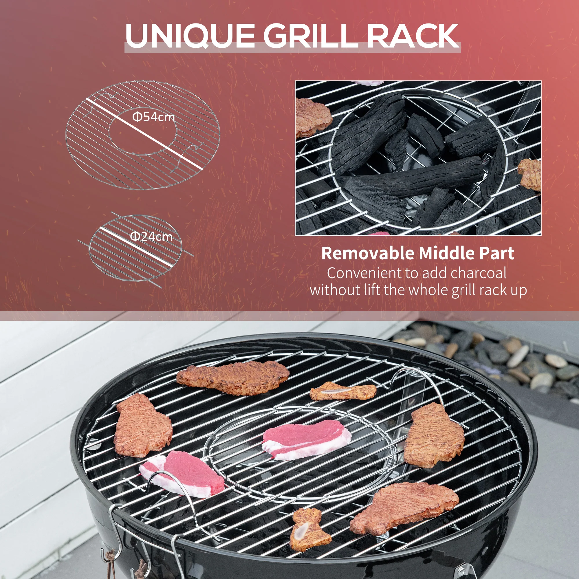 Outsunny Portable Kettle Charcoal Grill BBQ Smoker With Cover, Lid, & Thermometer - Image 3