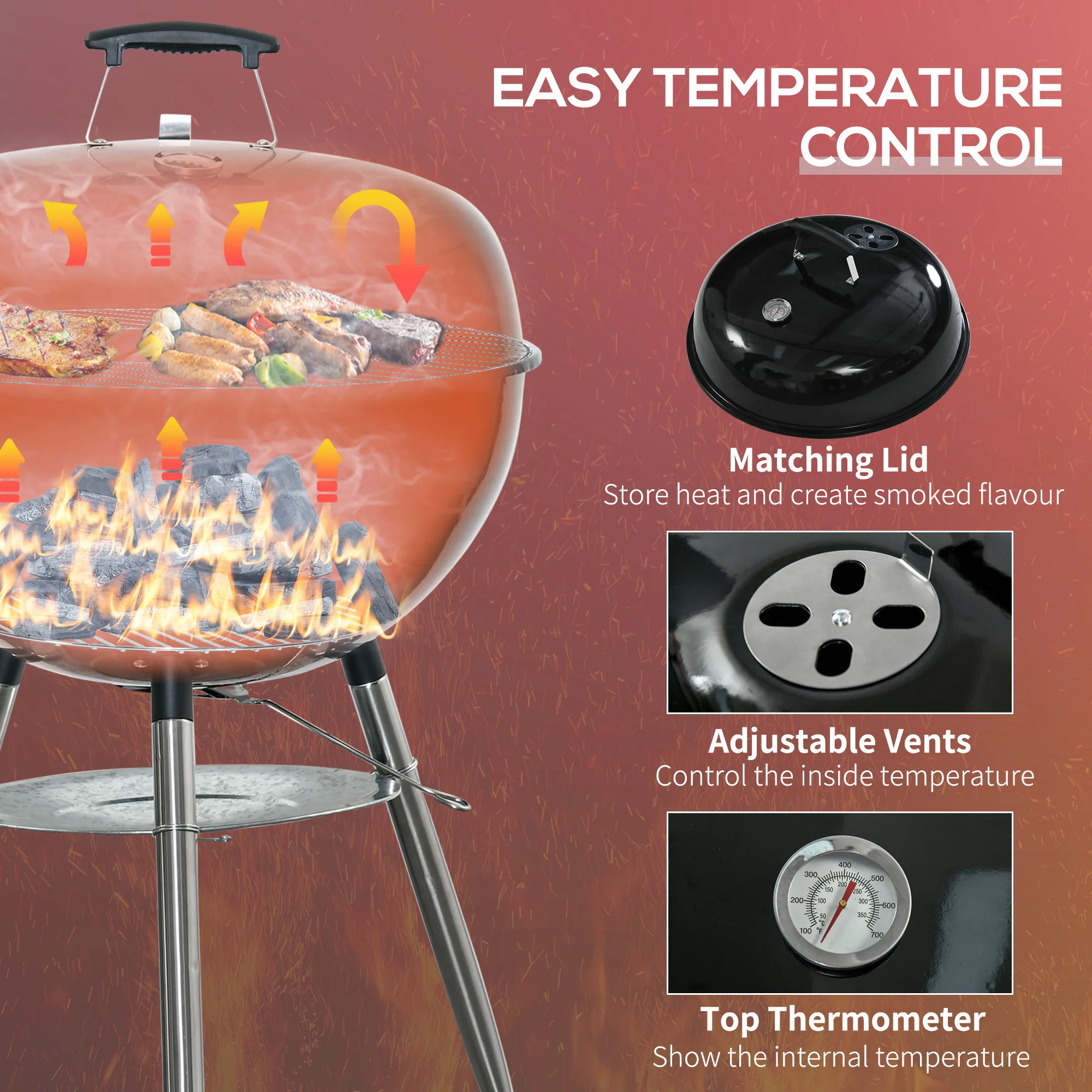 Outsunny Portable Kettle Charcoal Grill BBQ Smoker With Cover, Lid, & Thermometer - Image 4