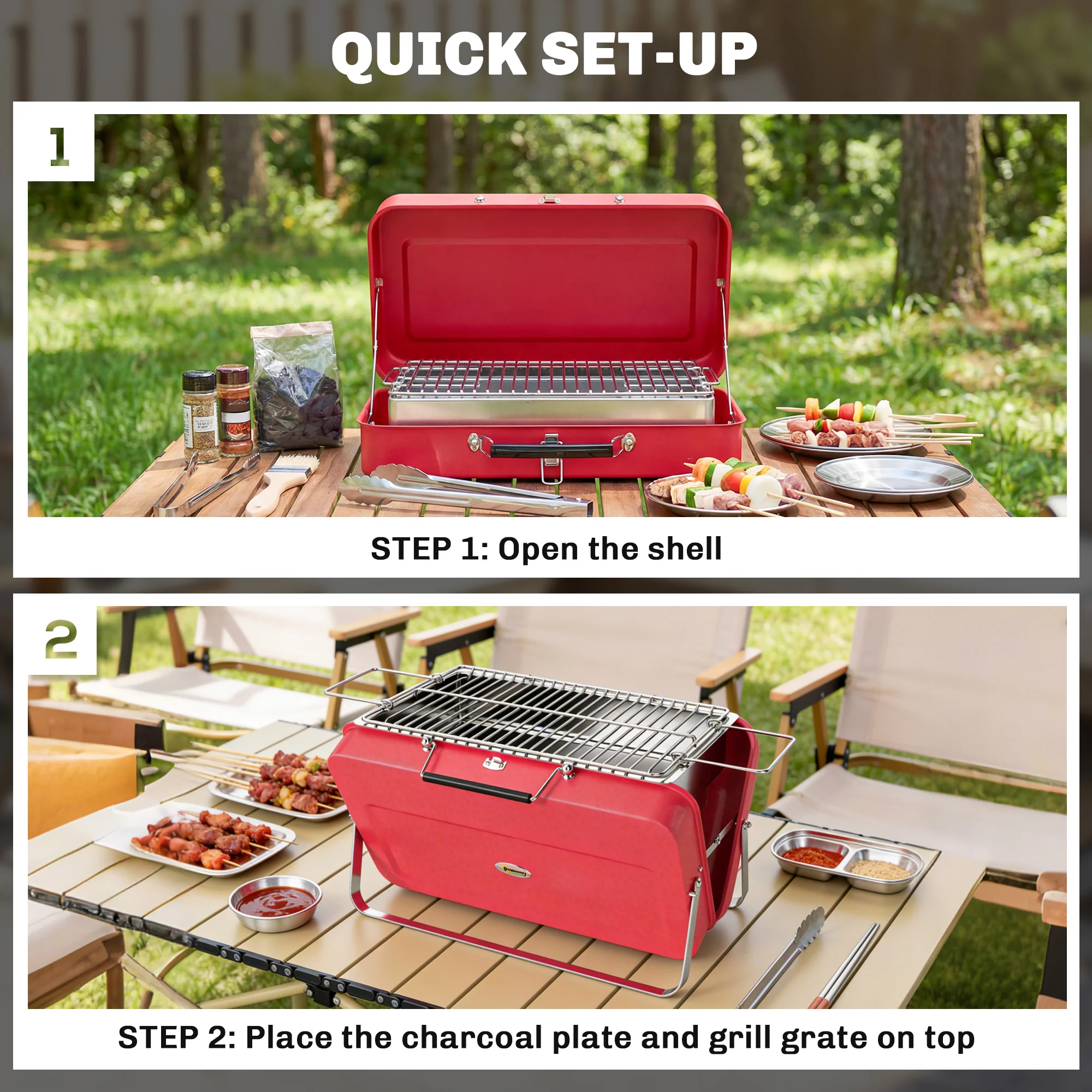 Outsunny Portable Mini Charcoal Barbecue Grill With Suitcase Shell, Red - Image 4