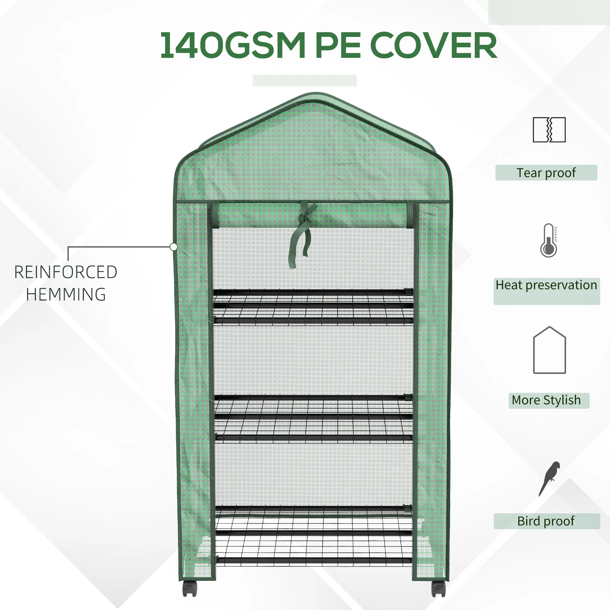 Outsunny Portable Mini Greenhouse with Roll-up Door and Wheels, Green - Image 4