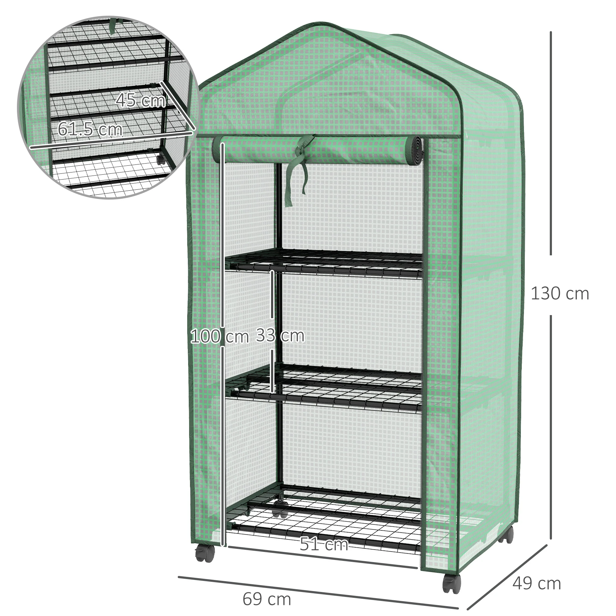 Outsunny Portable Mini Greenhouse with Roll-up Door and Wheels, Green - Image 5