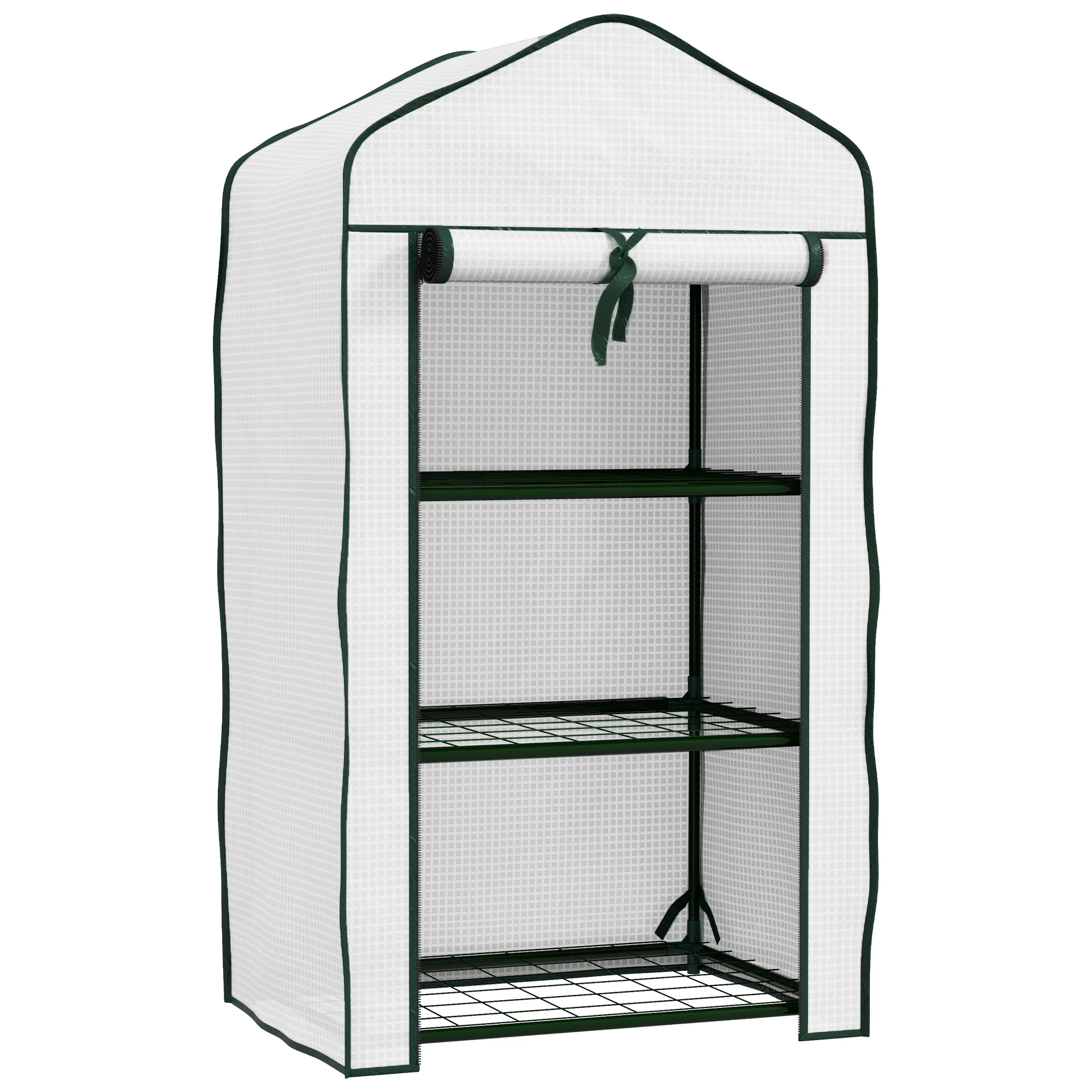 Outsunny Portable Mini Greenhouse with Roll-up Door and Wire Shelves, White