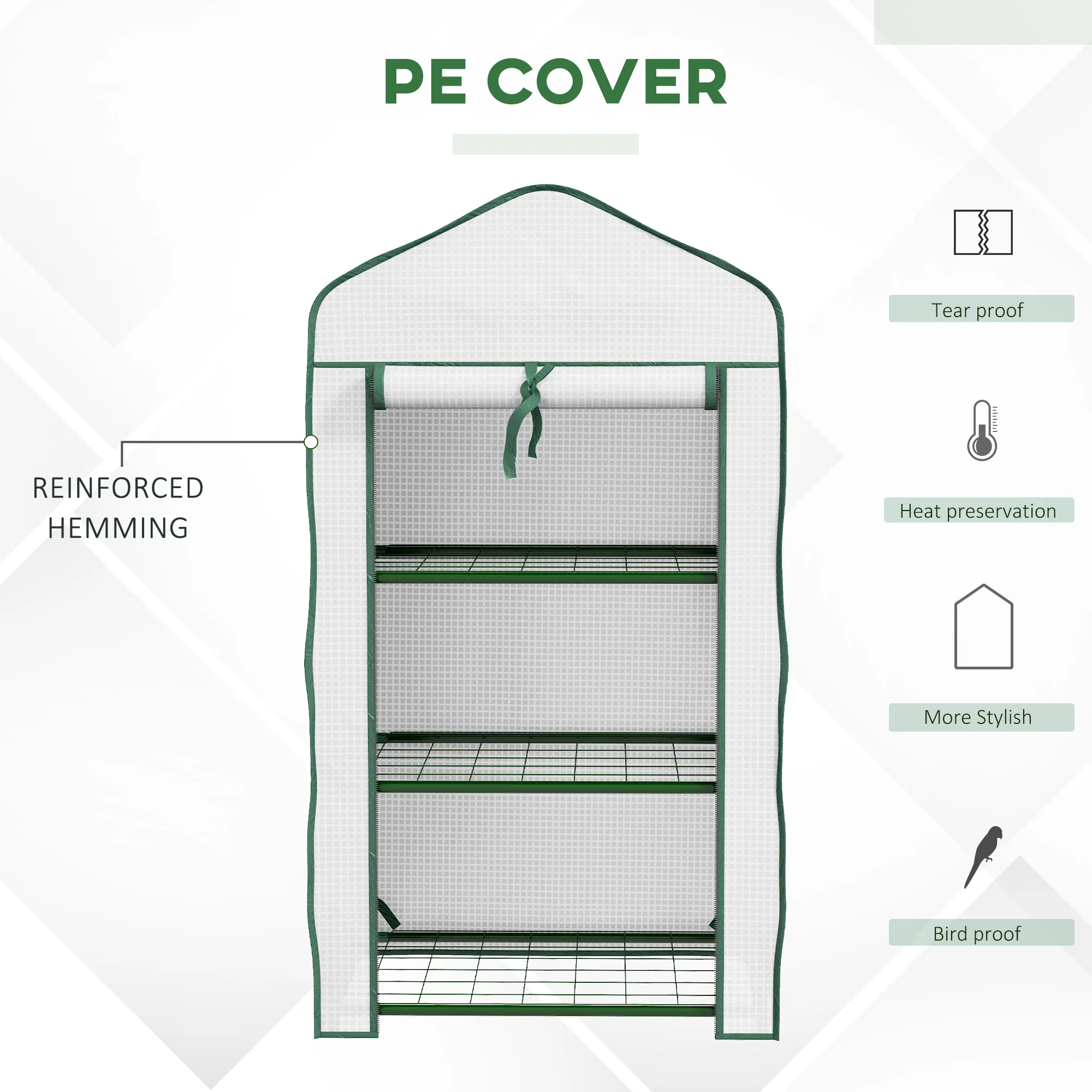 Outsunny Portable Mini Greenhouse with Roll-up Door and Wire Shelves, White - Image 3