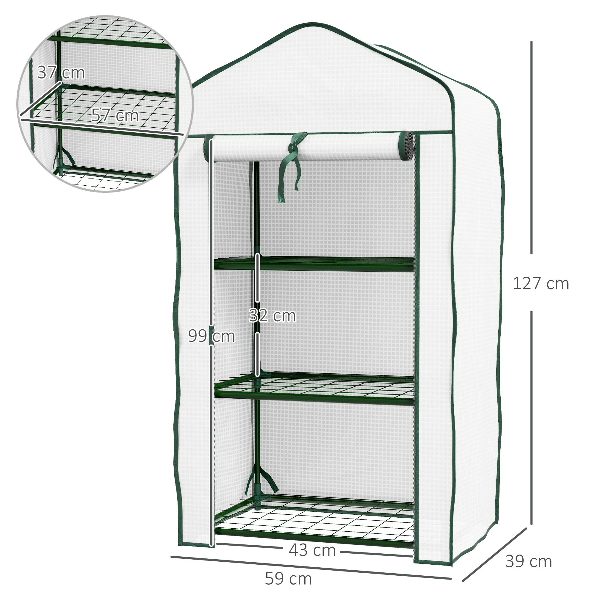 Outsunny Portable Mini Greenhouse with Roll-up Door and Wire Shelves, White - Image 5