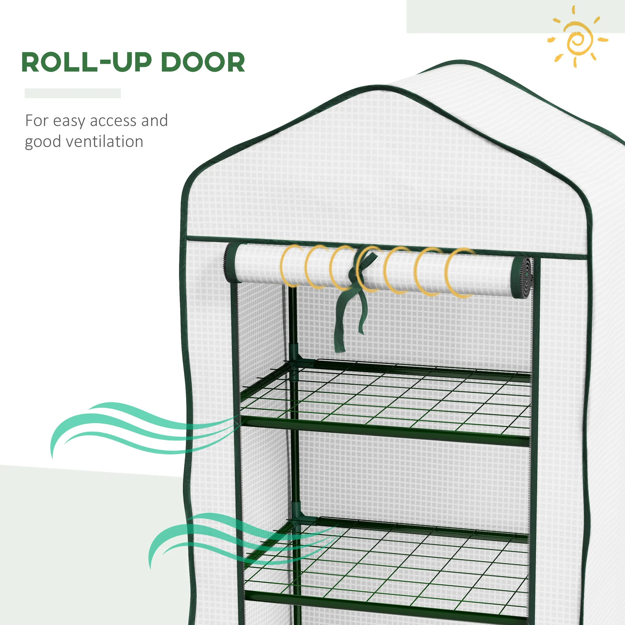 Outsunny Portable Mini Greenhouse with Roll-up Door and Wire Shelves, White - Image 6