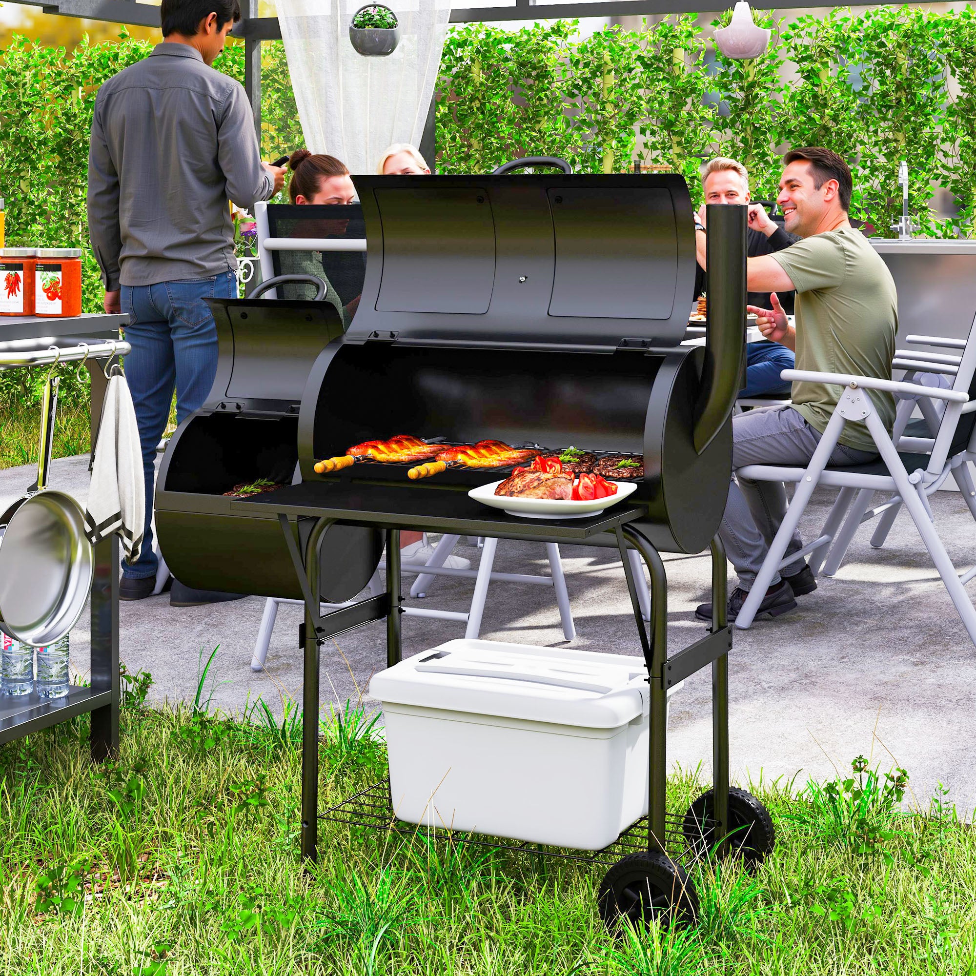 Outsunny Portable Outdoor Charcoal Grill BBQ Grill With Offset Smoker Black - Image 2