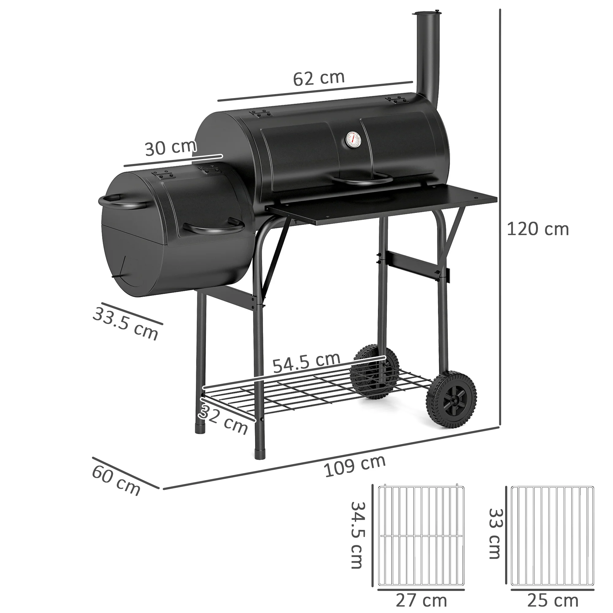 Outsunny Portable Outdoor Charcoal Grill BBQ Grill With Offset Smoker Black - Image 3