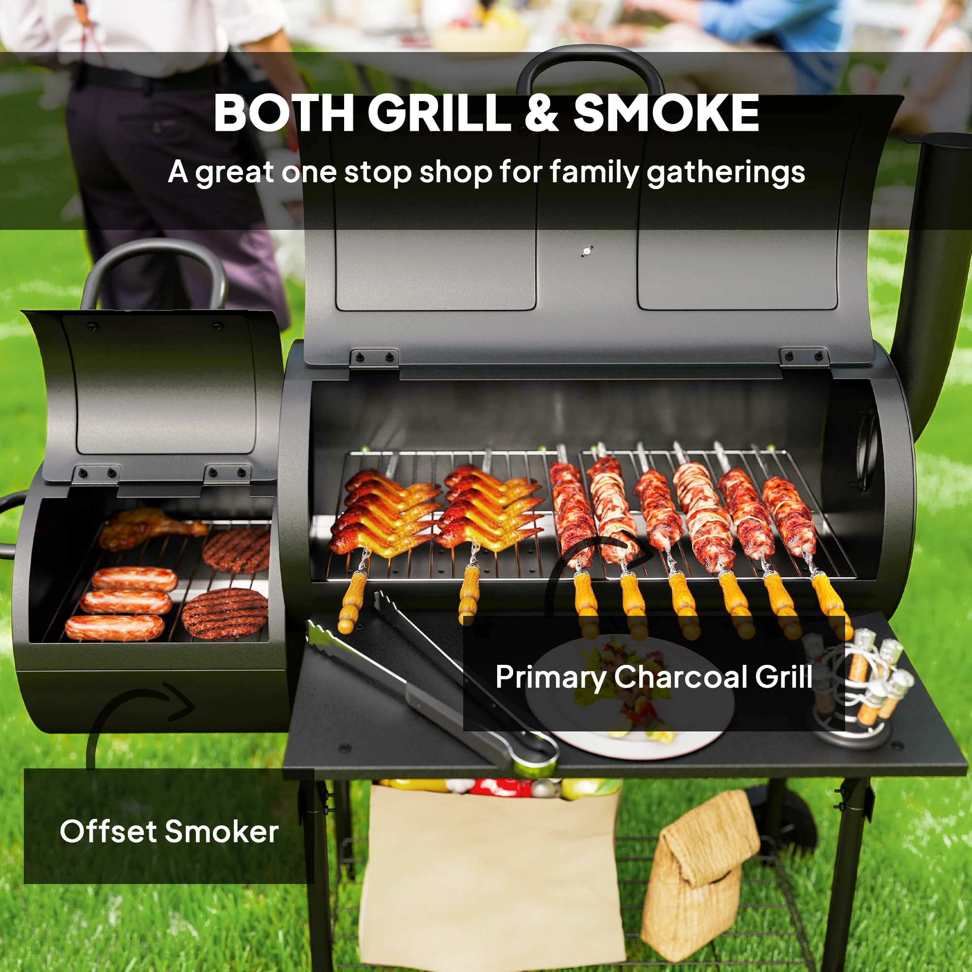 Outsunny Portable Outdoor Charcoal Grill BBQ Grill With Offset Smoker Black - Image 4