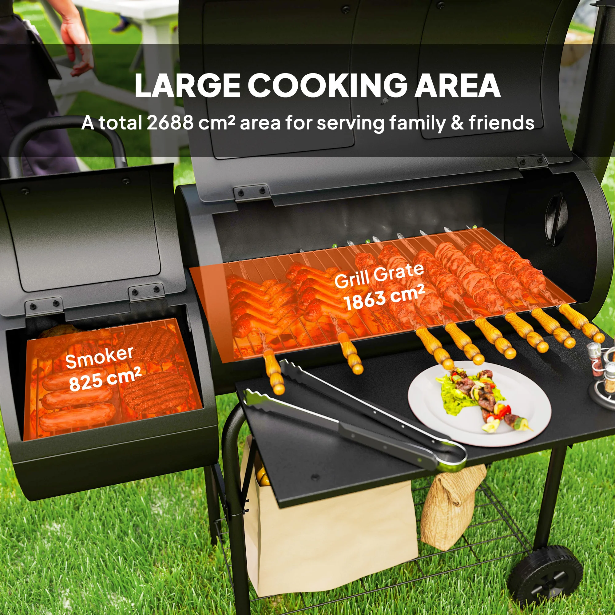 Outsunny Portable Outdoor Charcoal Grill BBQ Grill With Offset Smoker Black - Image 5