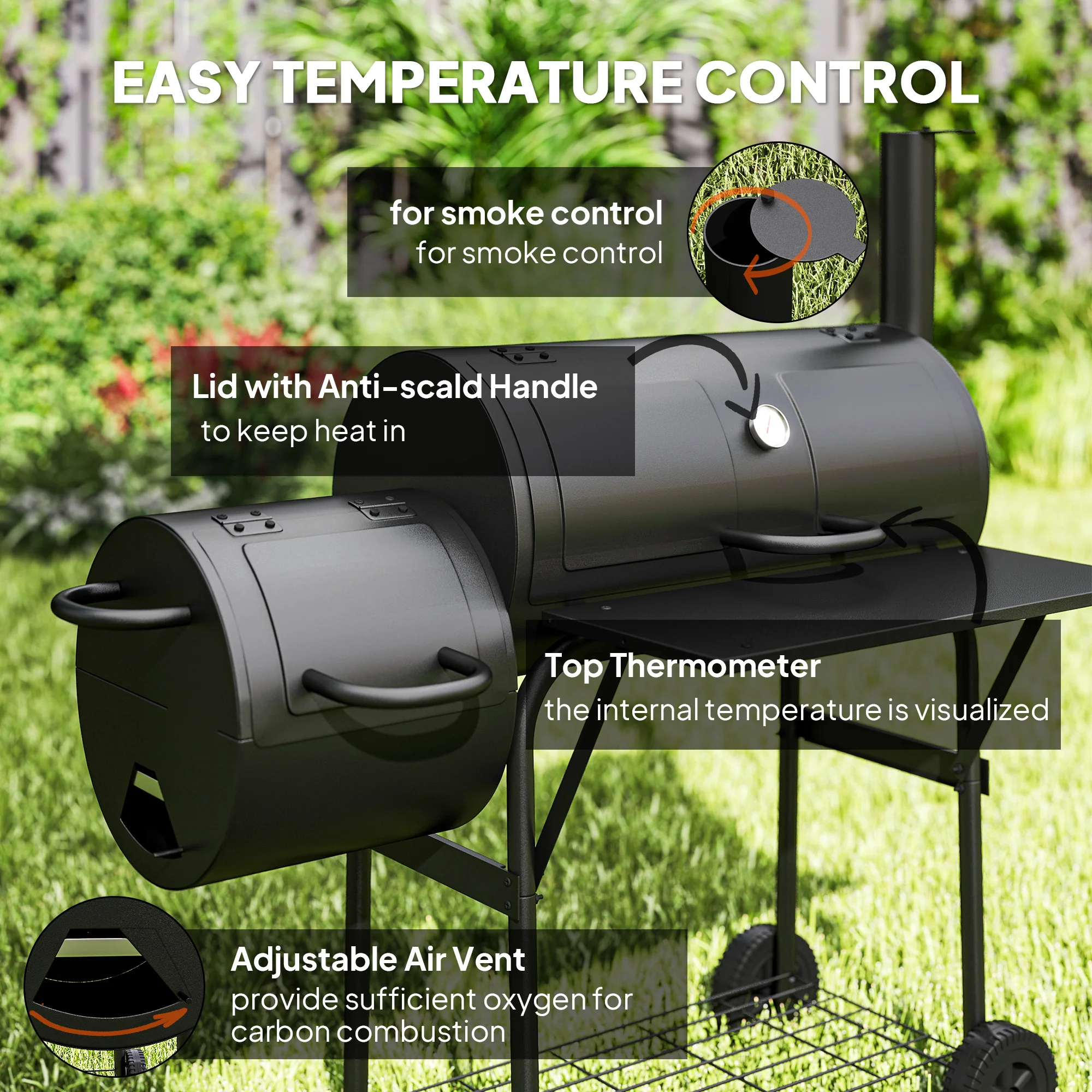 Outsunny Portable Outdoor Charcoal Grill BBQ Grill With Offset Smoker Black - Image 6