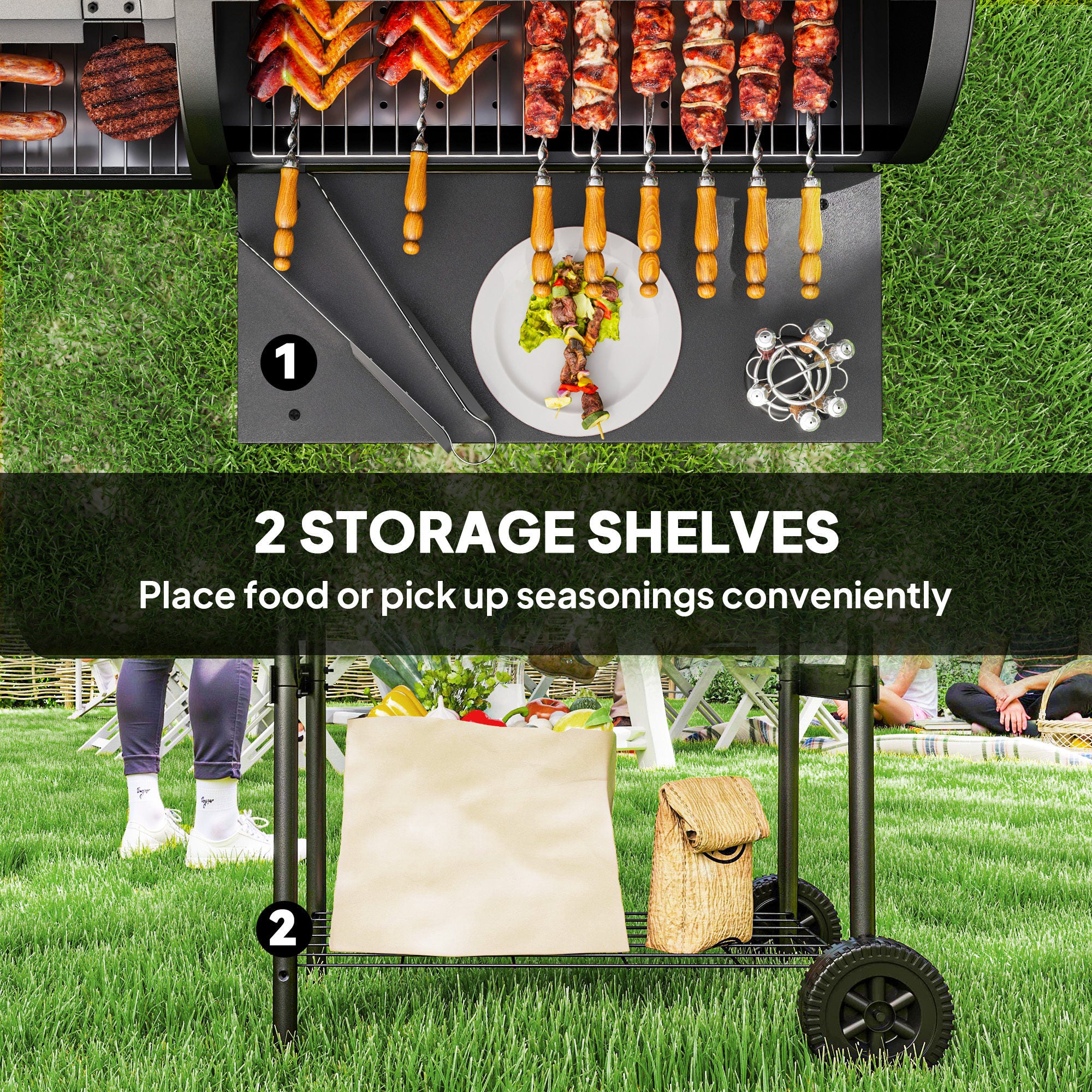 Outsunny Portable Outdoor Charcoal Grill BBQ Grill With Offset Smoker Black - Image 7
