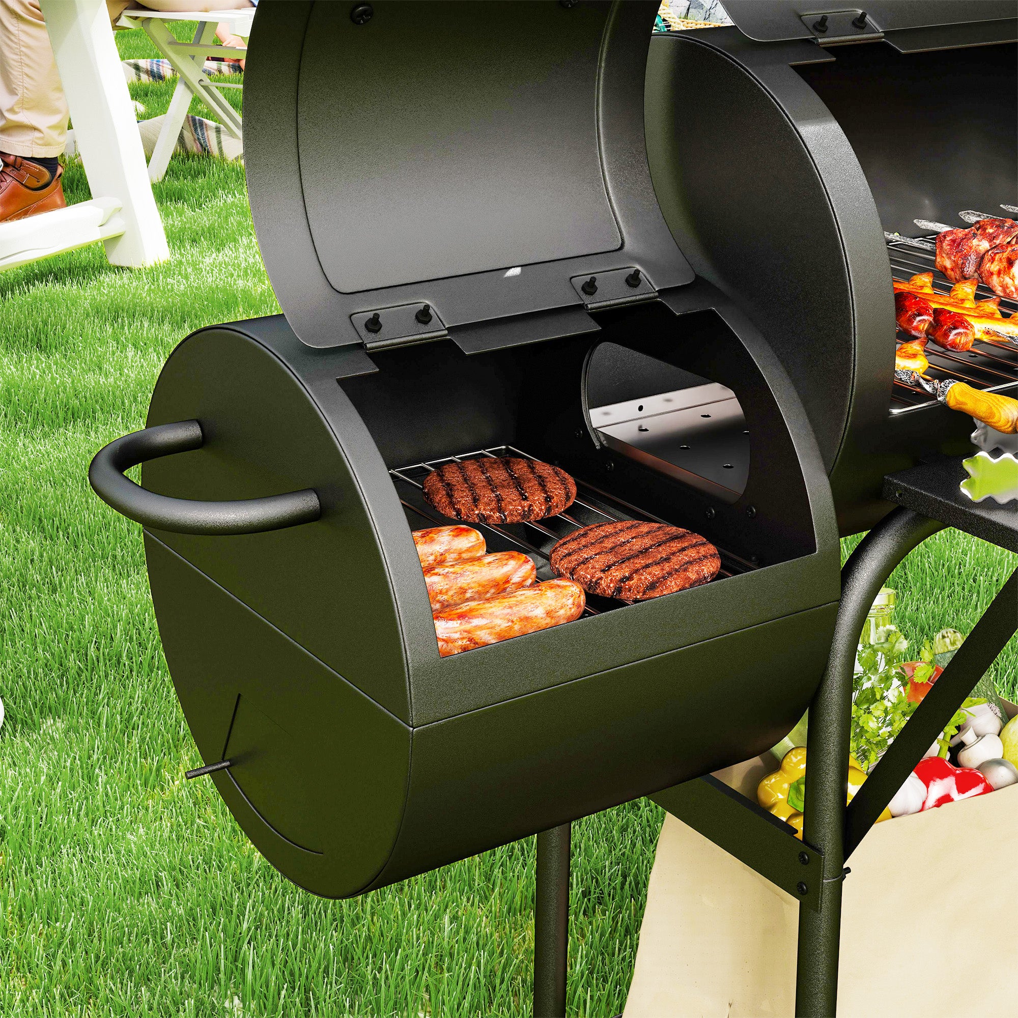 Outsunny Portable Outdoor Charcoal Grill BBQ Grill With Offset Smoker Black - Image 9