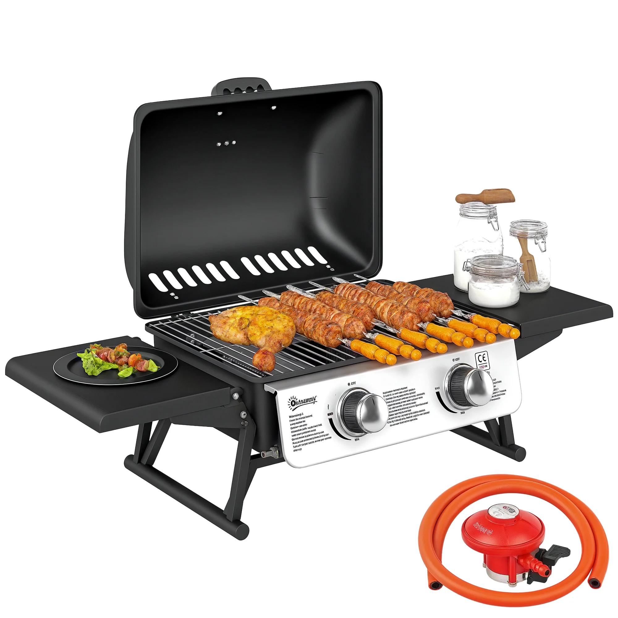 Outsunny Portable Tabletop Gas Barbecue Grill with Thermometer, Black