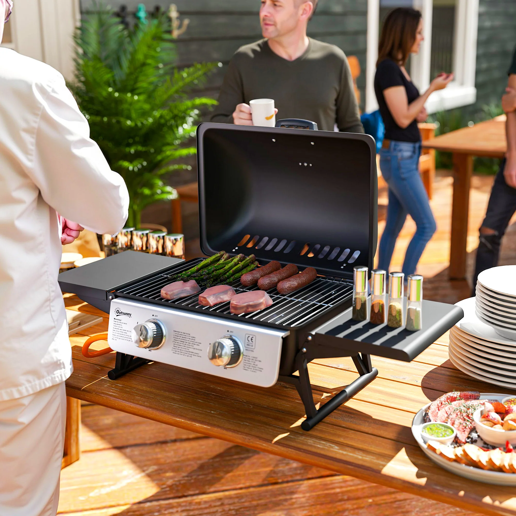 Outsunny Portable Tabletop Gas Barbecue Grill with Thermometer, Black - Image 2