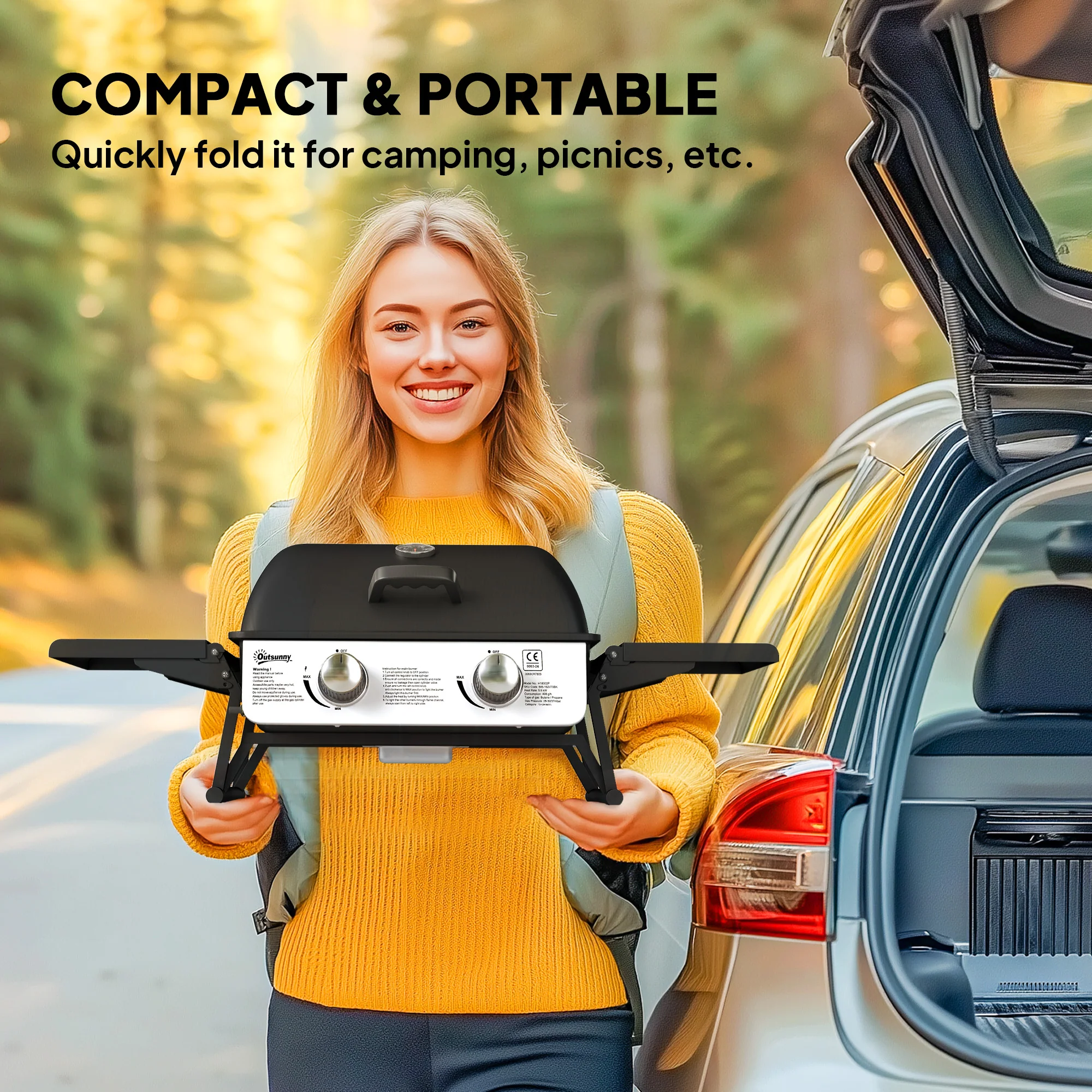 Outsunny Portable Tabletop Gas Barbecue Grill with Thermometer, Black - Image 3