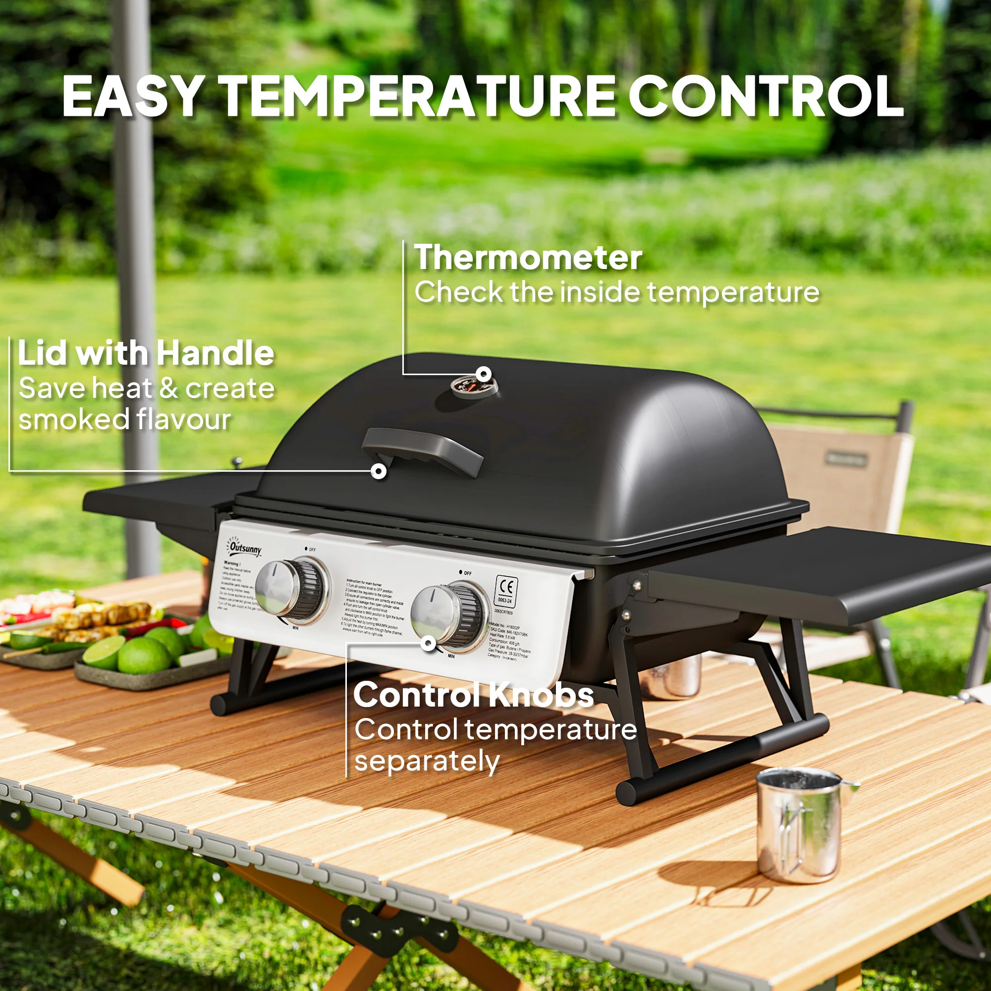 Outsunny Portable Tabletop Gas Barbecue Grill with Thermometer, Black - Image 6