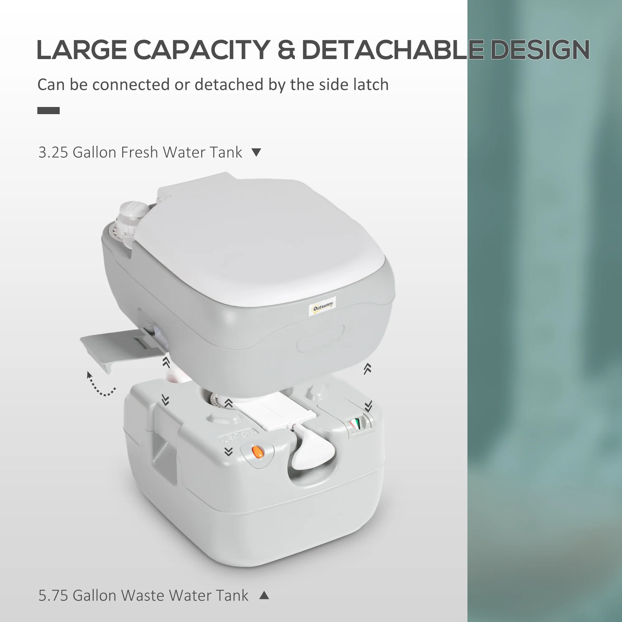 Outsunny Portable Toilet with Detachable Tanks for Camping, Grey - Image 3