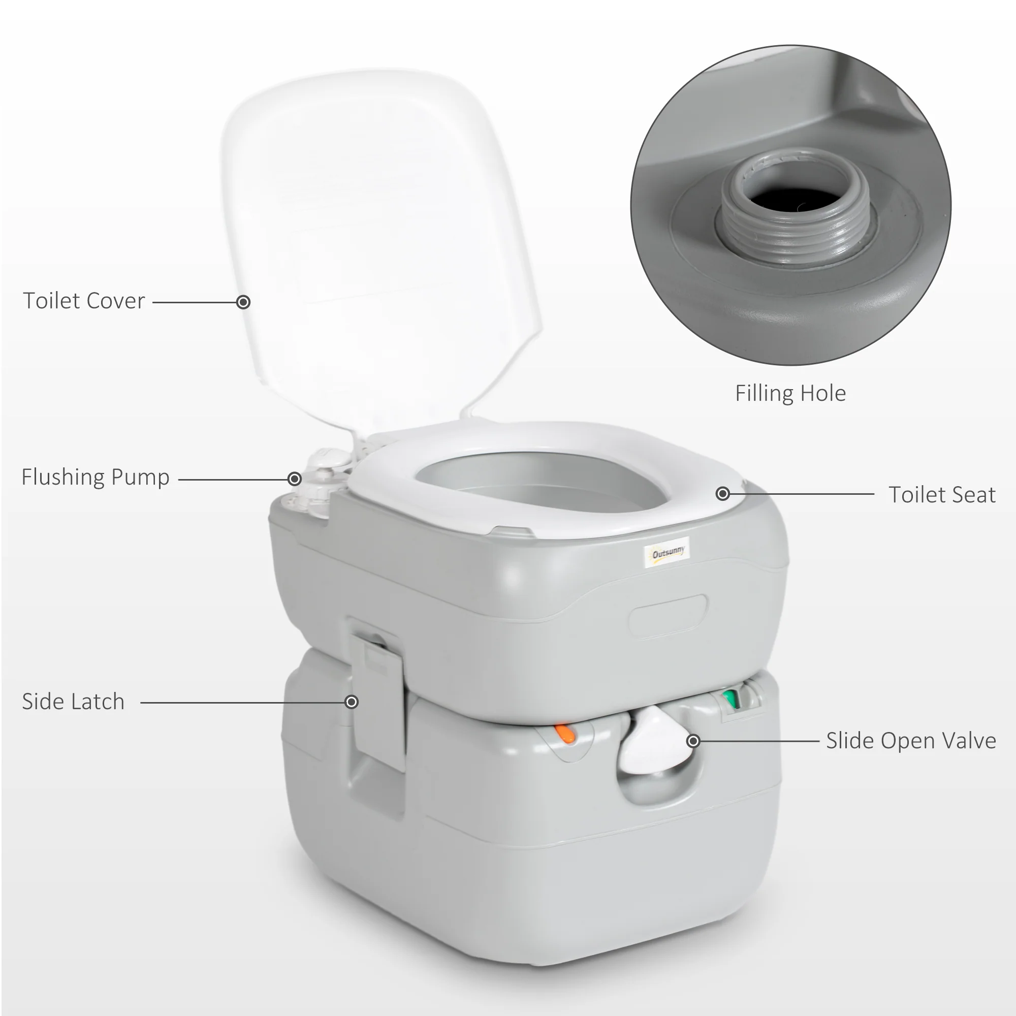 Outsunny Portable Toilet with Detachable Tanks for Camping, Grey - Image 8