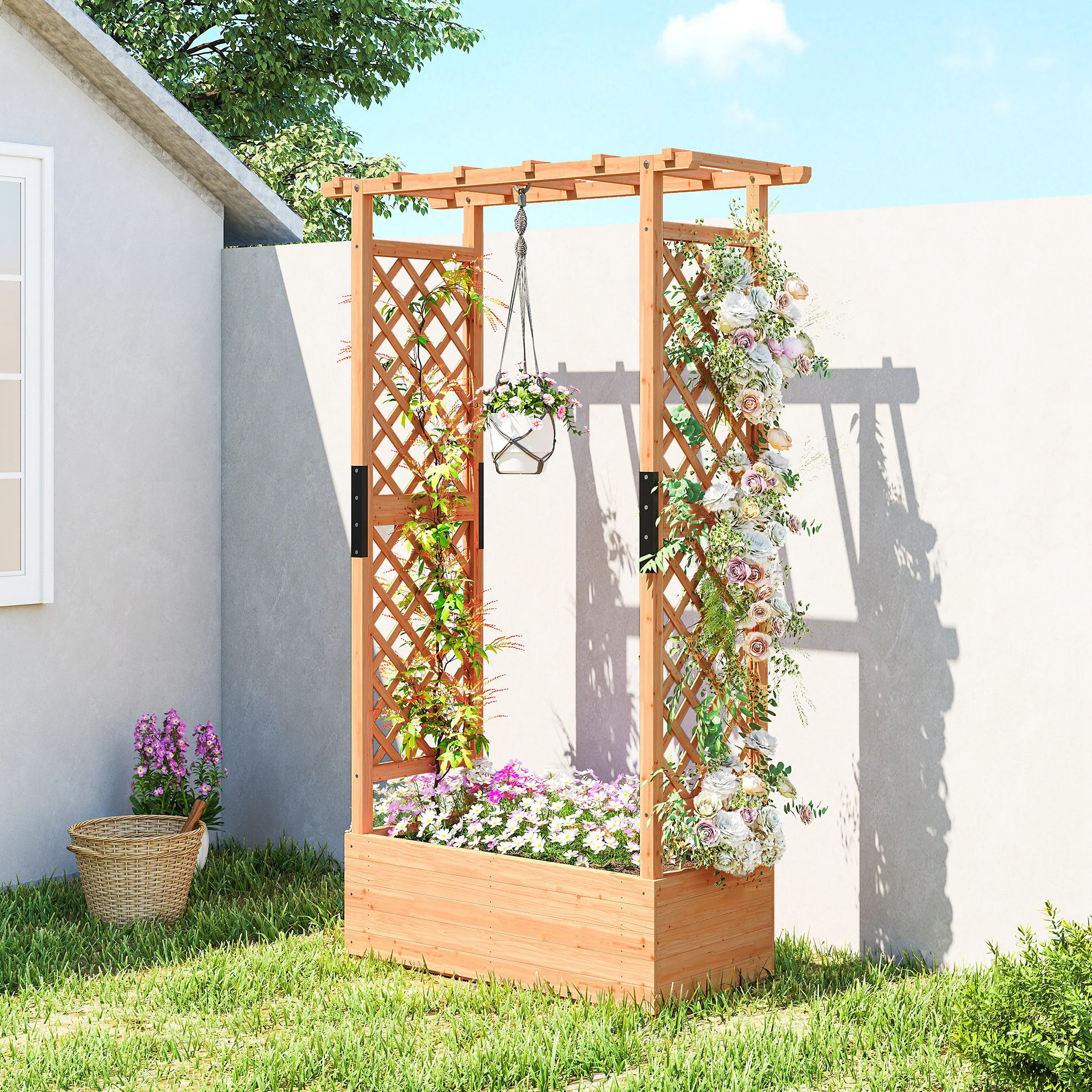 Outsunny Raised Bed for Garden with Trellis, Natural - Image 29