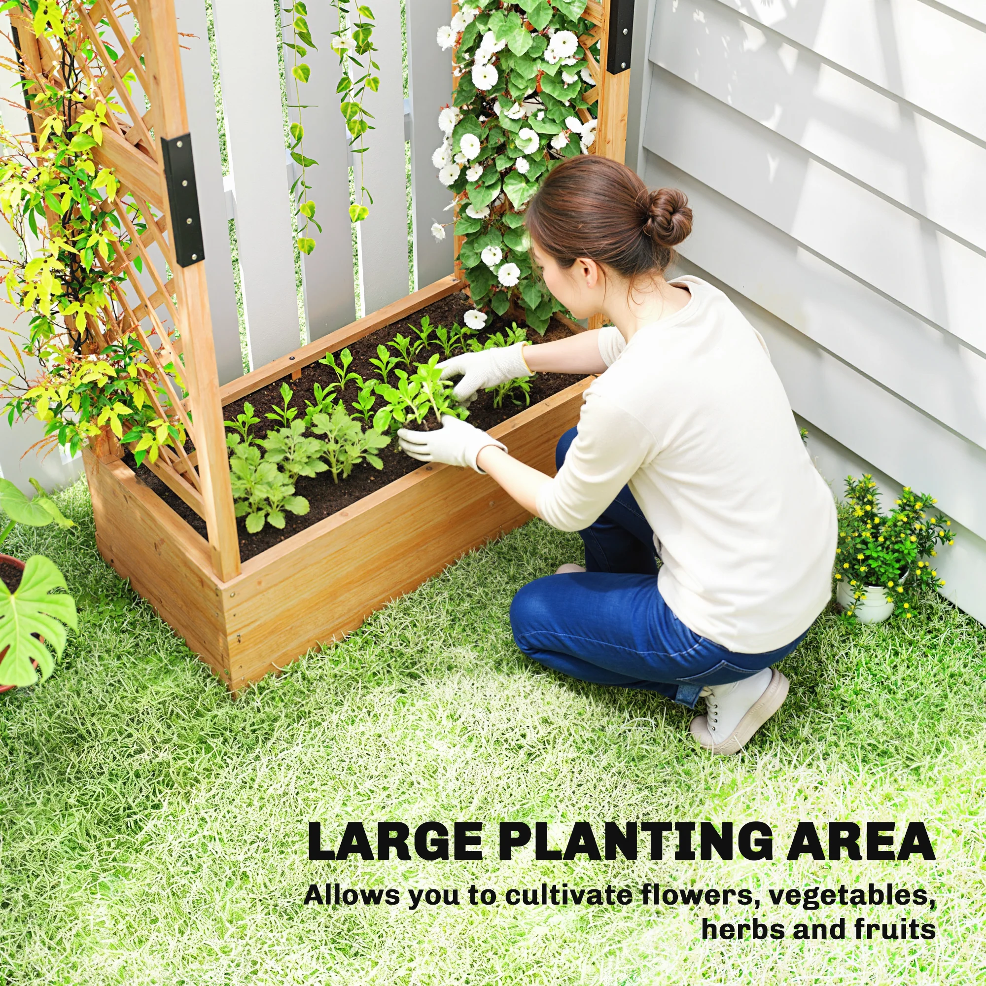 Outsunny Raised Bed for Garden with Trellis, Natural - Image 30