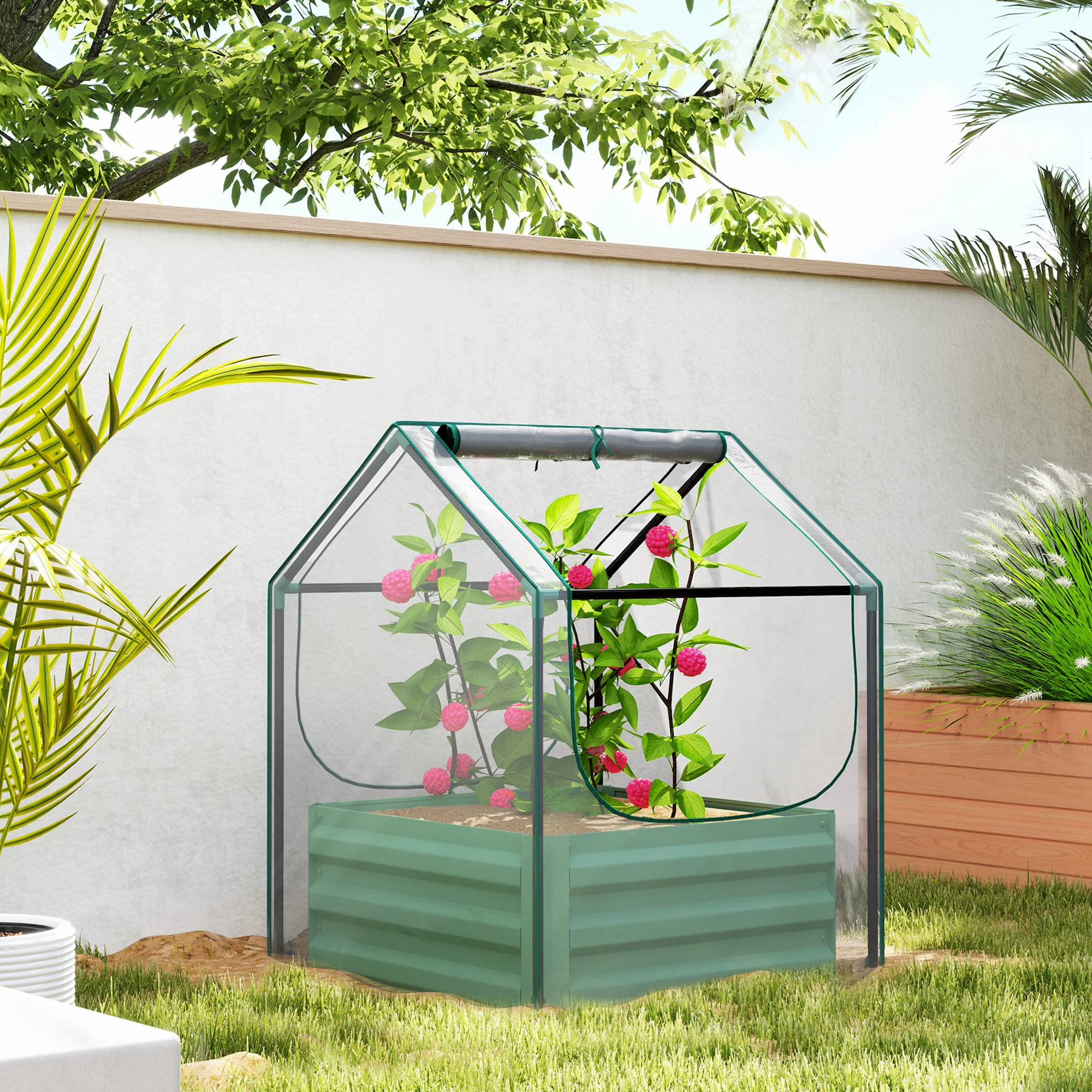Outsunny Raised Garden Bed Planter Box with Greenhouse, Clear and Green - Image 2