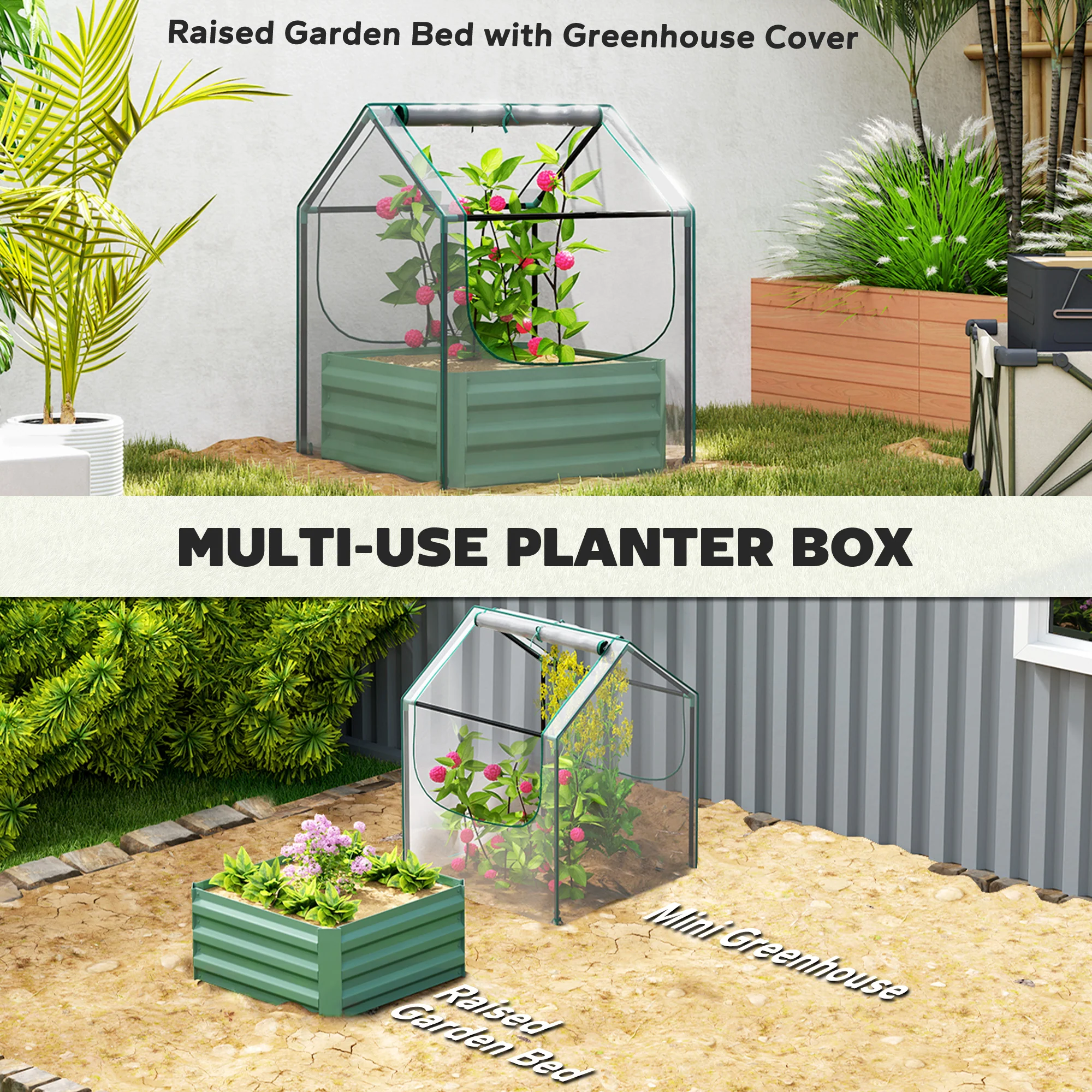 Outsunny Raised Garden Bed Planter Box with Greenhouse, Clear and Green - Image 3