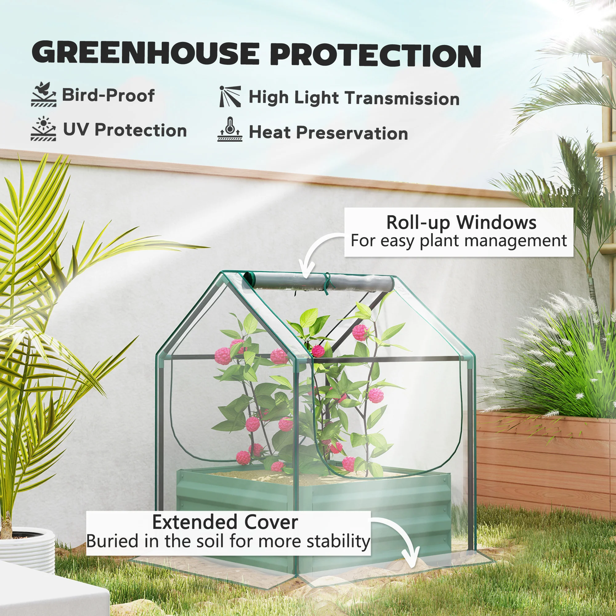 Outsunny Raised Garden Bed Planter Box with Greenhouse, Clear and Green - Image 4