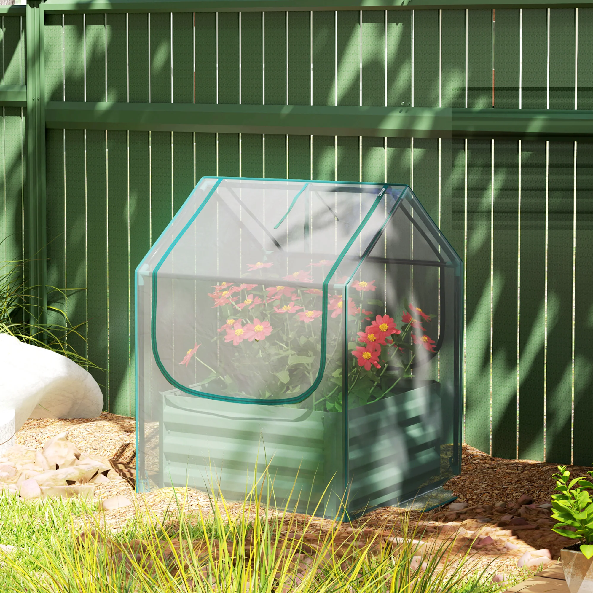 Outsunny Raised Garden Bed Planter Box with Greenhouse, Clear and Green - Image 8