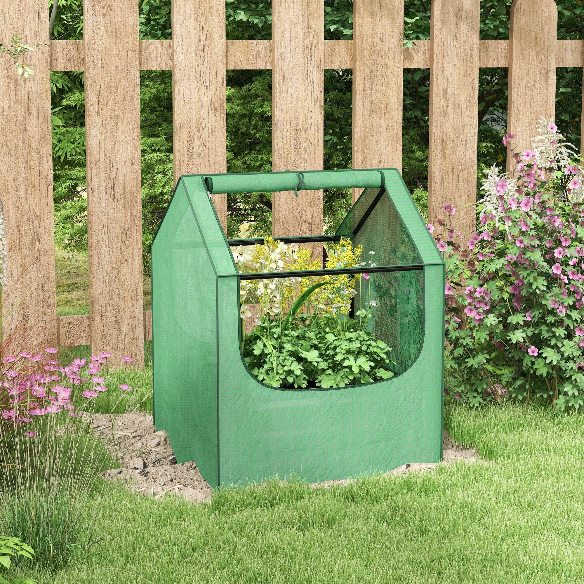 Outsunny Raised Garden Bed Planter Box with Greenhouse, Green and Silver - Image 2