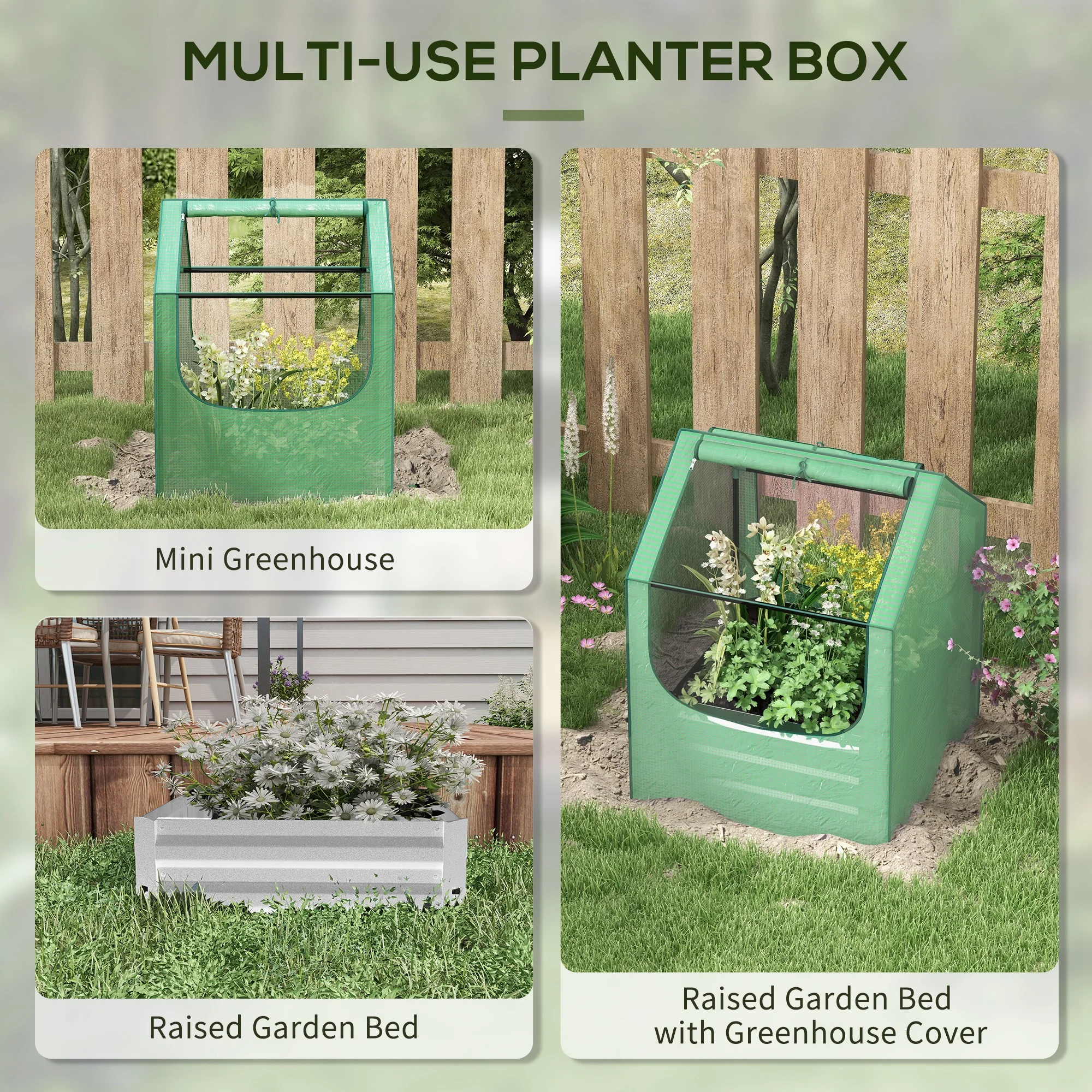 Outsunny Raised Garden Bed Planter Box with Greenhouse, Green and Silver - Image 3