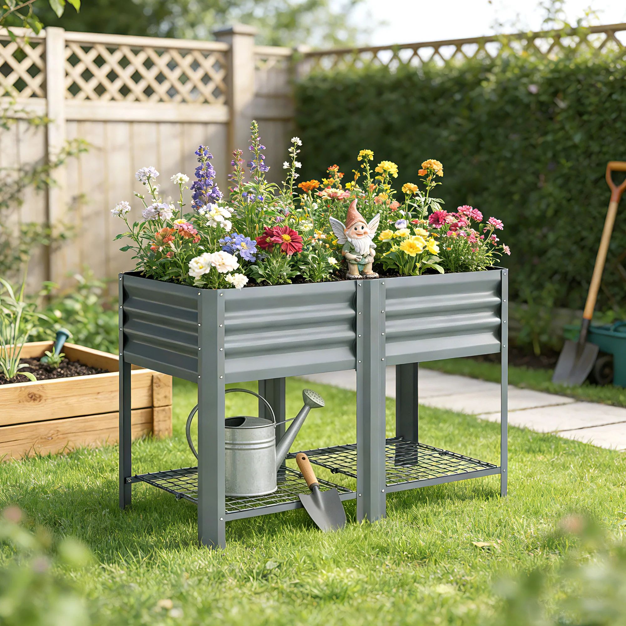Outsunny Raised Garden Bed with Storage Shelf 120x55cm Grey - Image 9