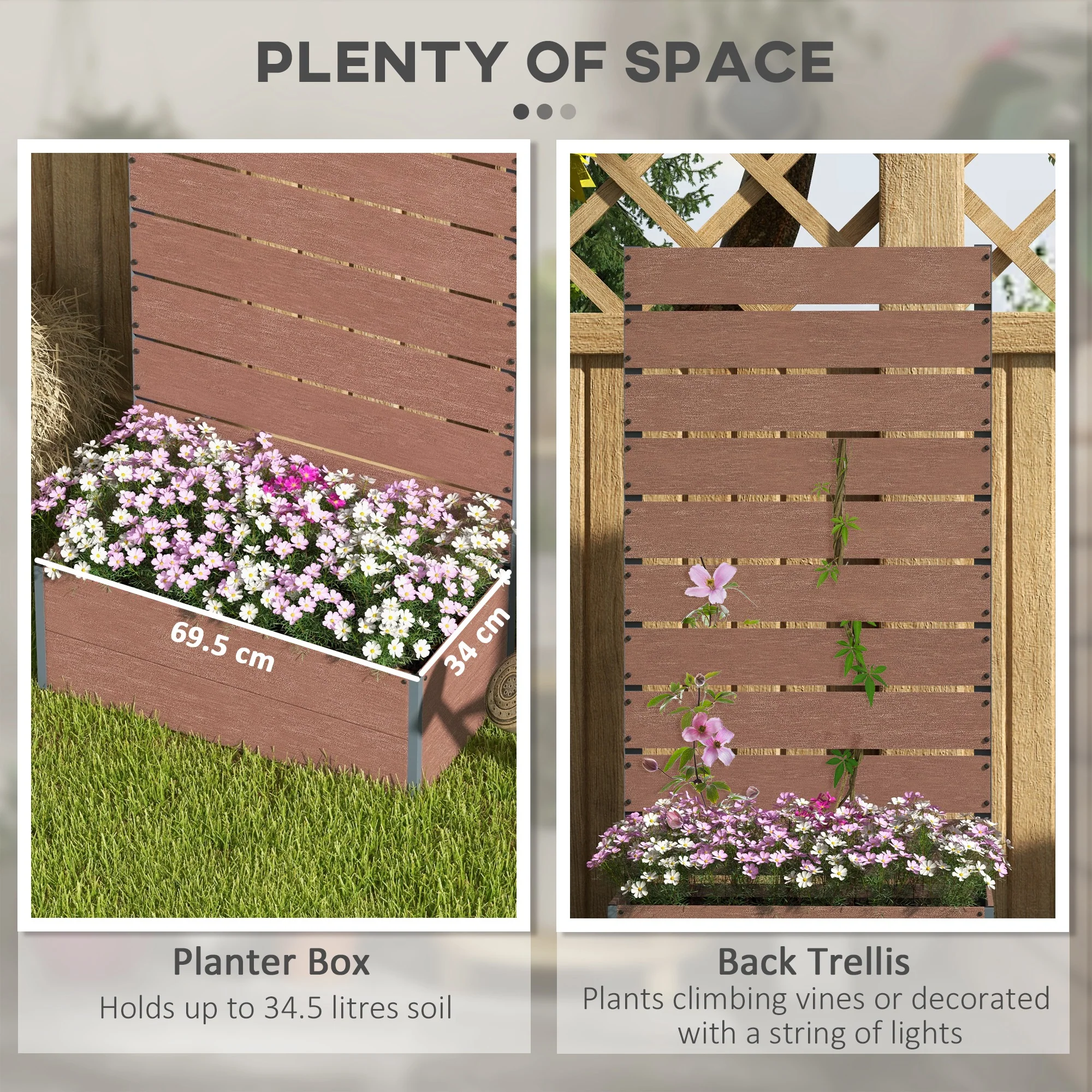 Outsunny Raised Garden Bed With Trellis And Drainage Hole, Planter Box - Brown/Grey - Image 3