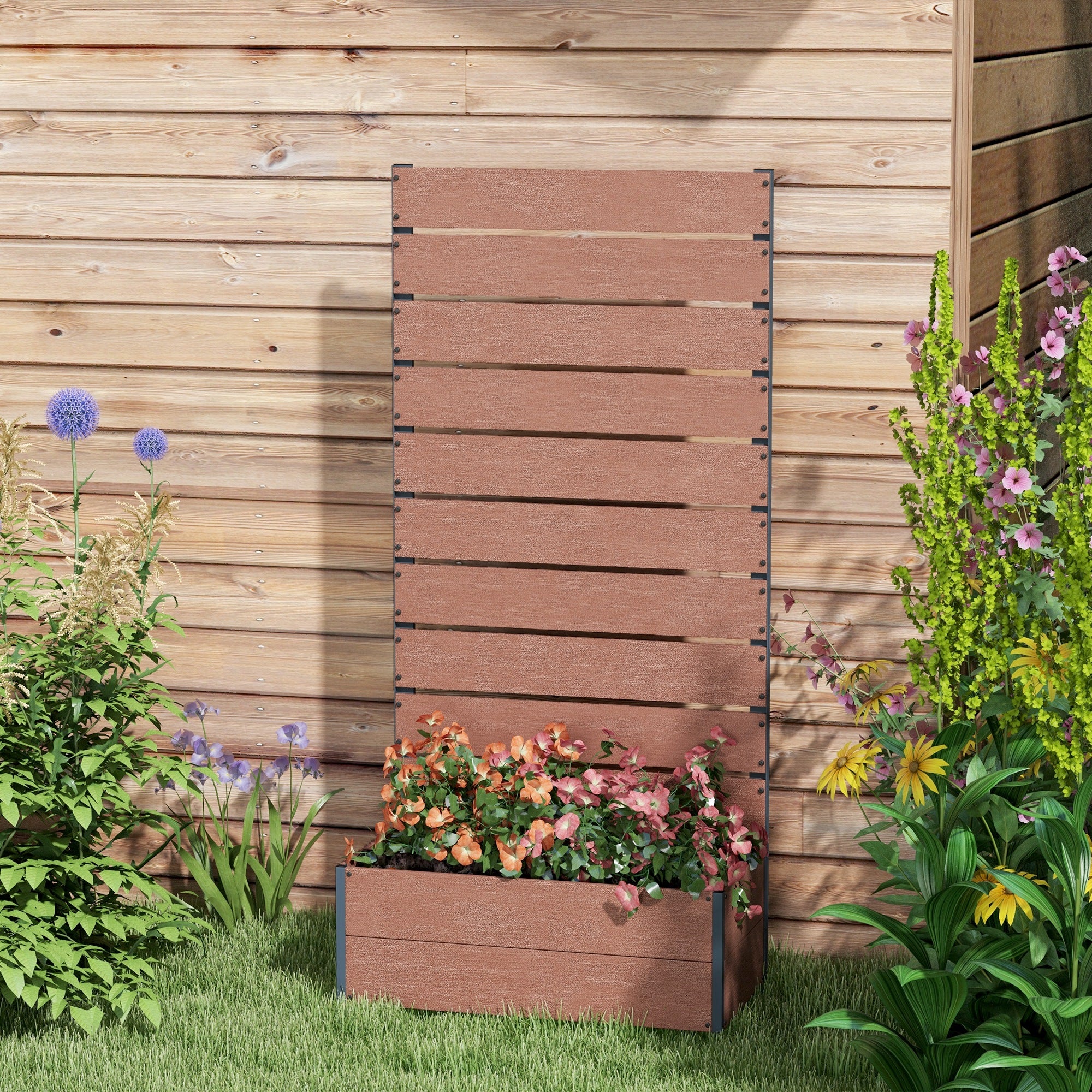 Outsunny Raised Garden Bed With Trellis And Drainage Hole, Planter Box - Brown/Grey - Image 7