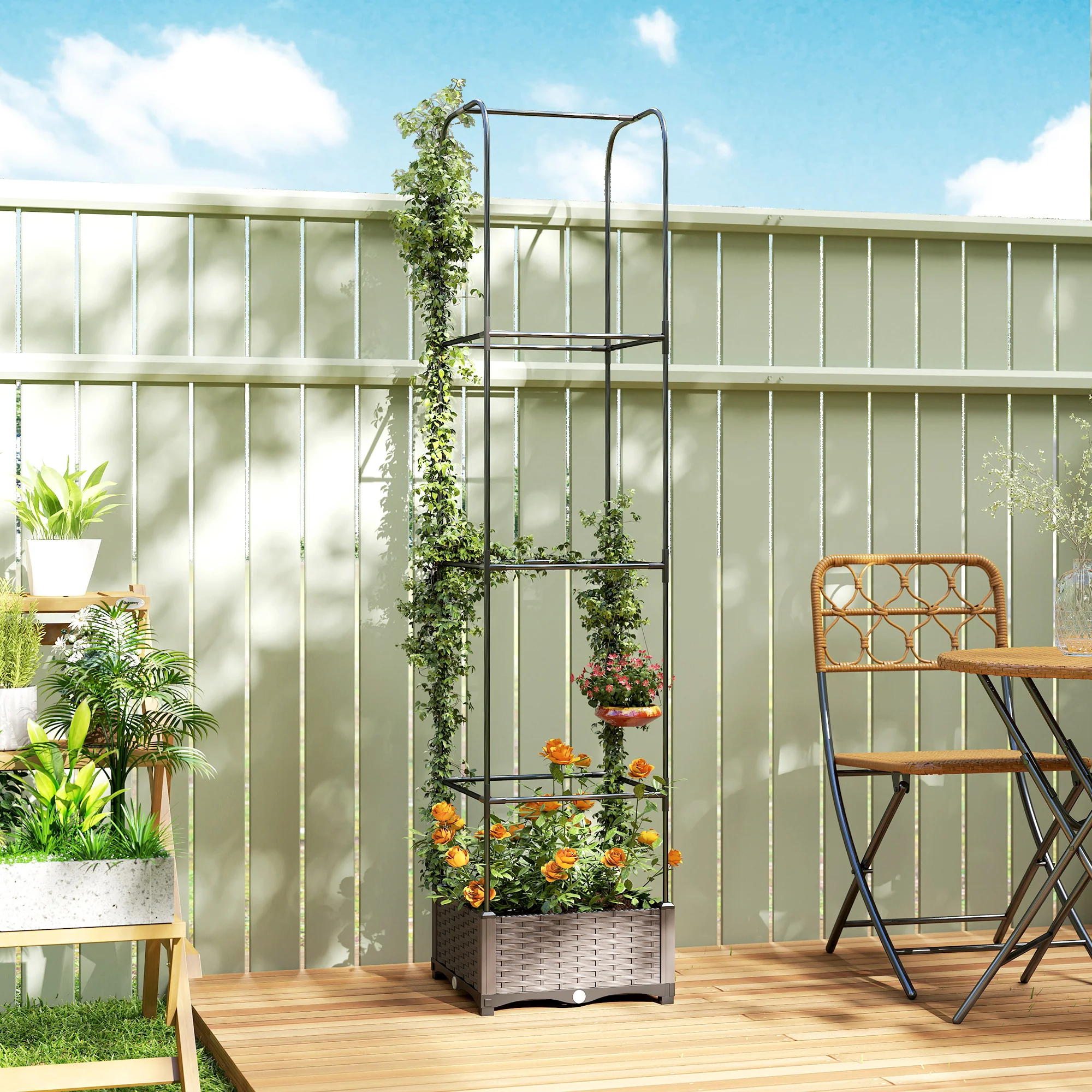 Outsunny Raised Garden Bed with Trellis and Drainage Holes, Drain Plugs - Image 2