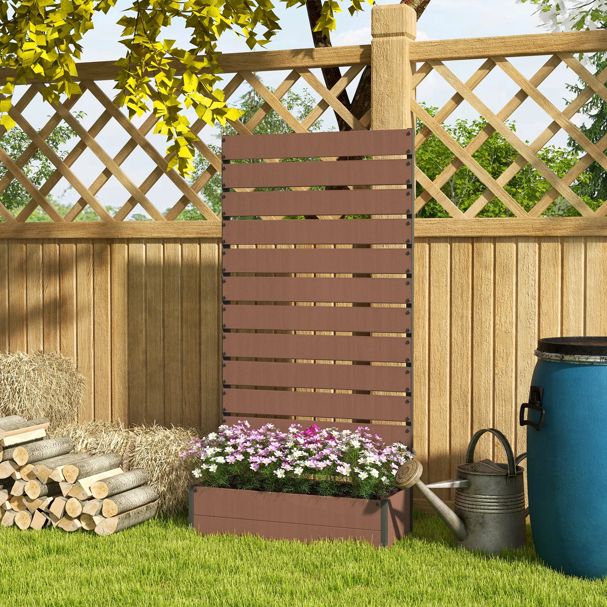 Outsunny Raised Garden Bed with Trellis Standing Patio Planter Box Light Brown - Image 2