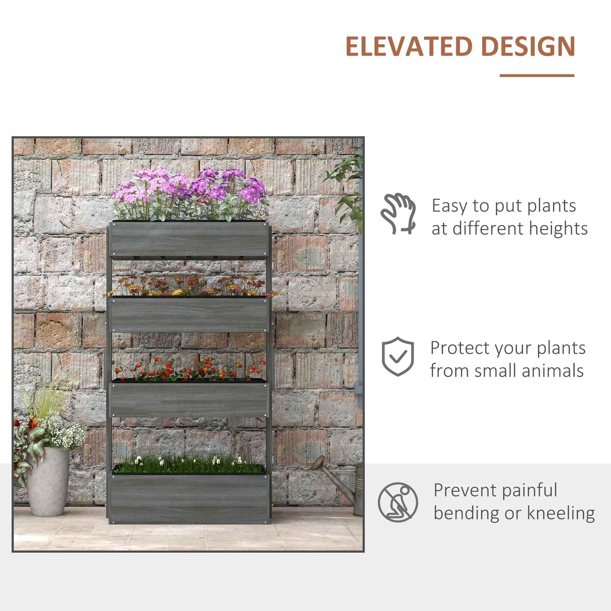 Outsunny Raised Garden Bed Wooden Plant Stand Grey - Image 4