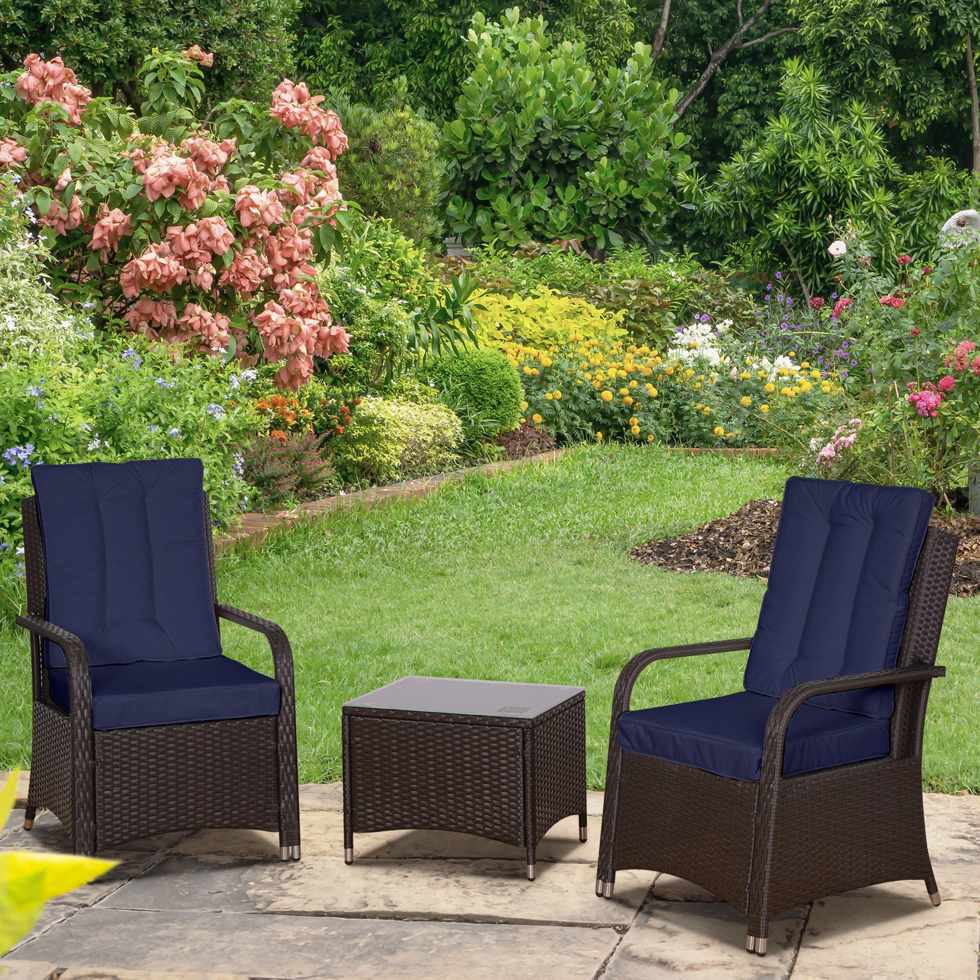 Outsunny Rattan 3PCs Chair Table Bistro Set Patio Set w/ Steel Frame Blue - Image 2